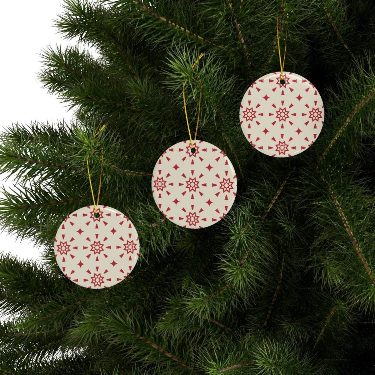 Red & Cream Festive Ceramic Ornaments 2-Side Print - Esmeralda Ecostore