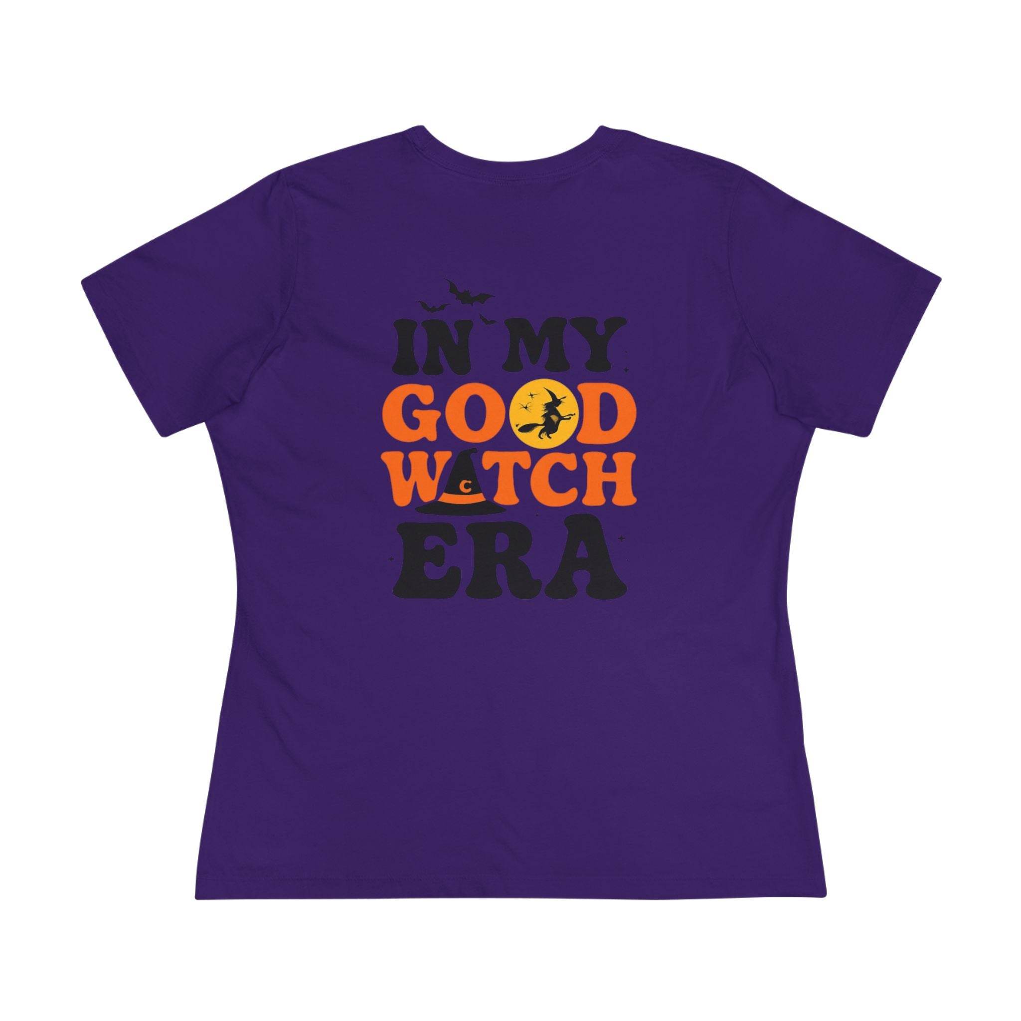 Purple womens tee Printify eco friendly halloween t shirt women with In My Good Witch Era graphic moon and bats