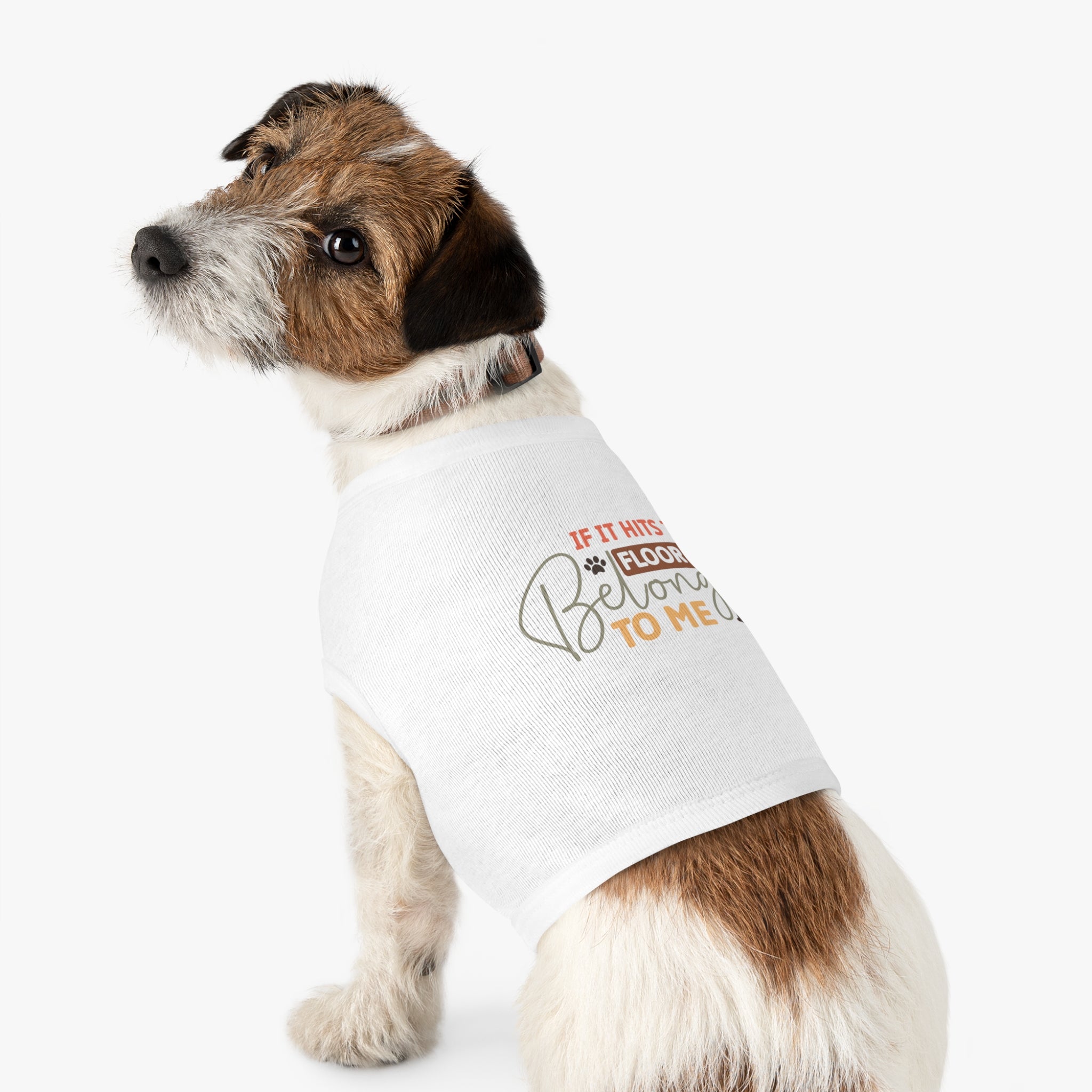 Small Jack Russell wearing a white eco-friendly pet tank top by Printify with back graphic and snug fit