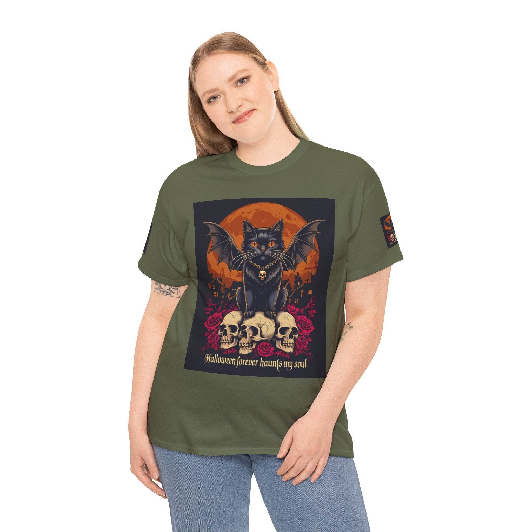 Halloween Cat Skull Unisex Heavy Cotton Tee