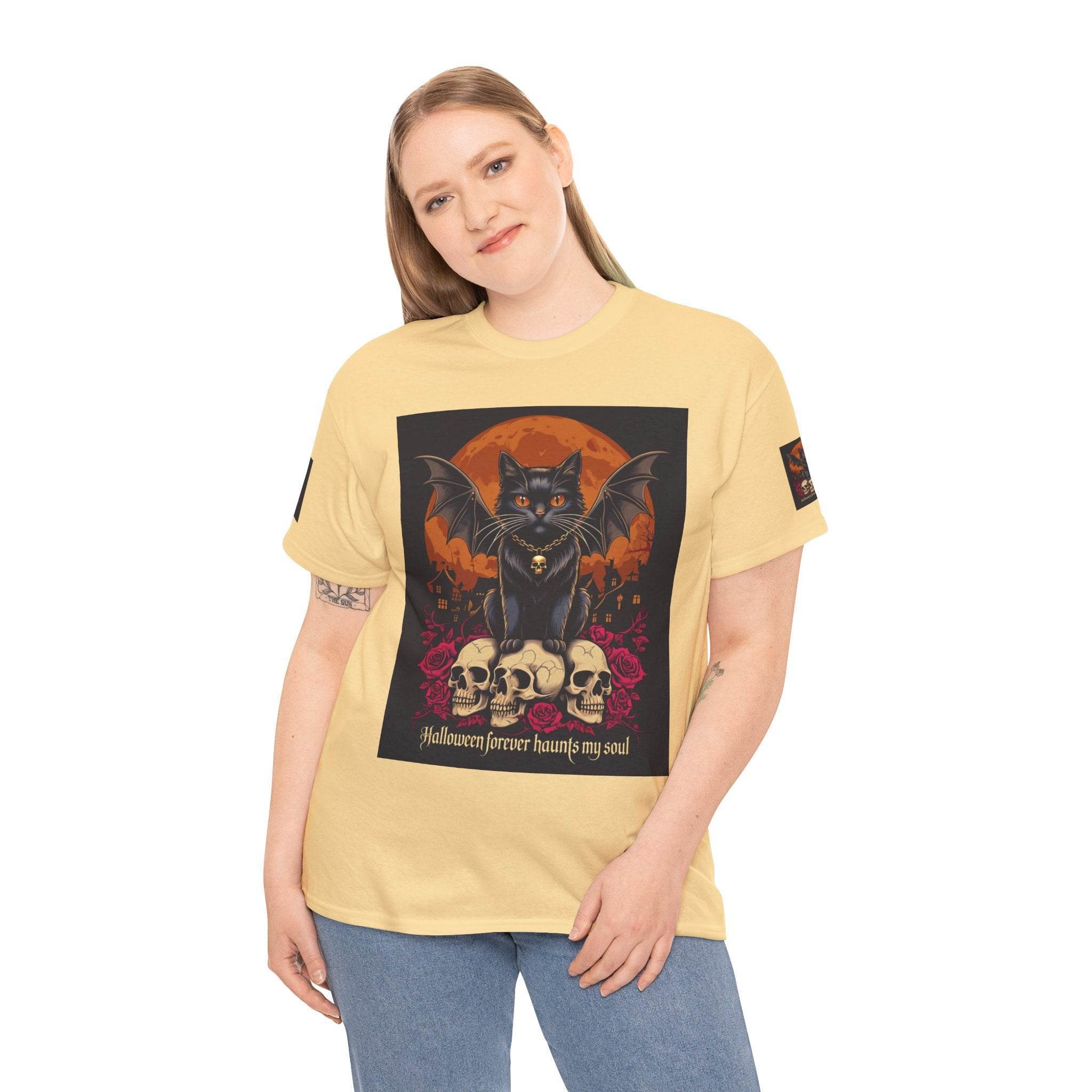 Halloween Cat Skull Unisex Heavy Cotton Tee