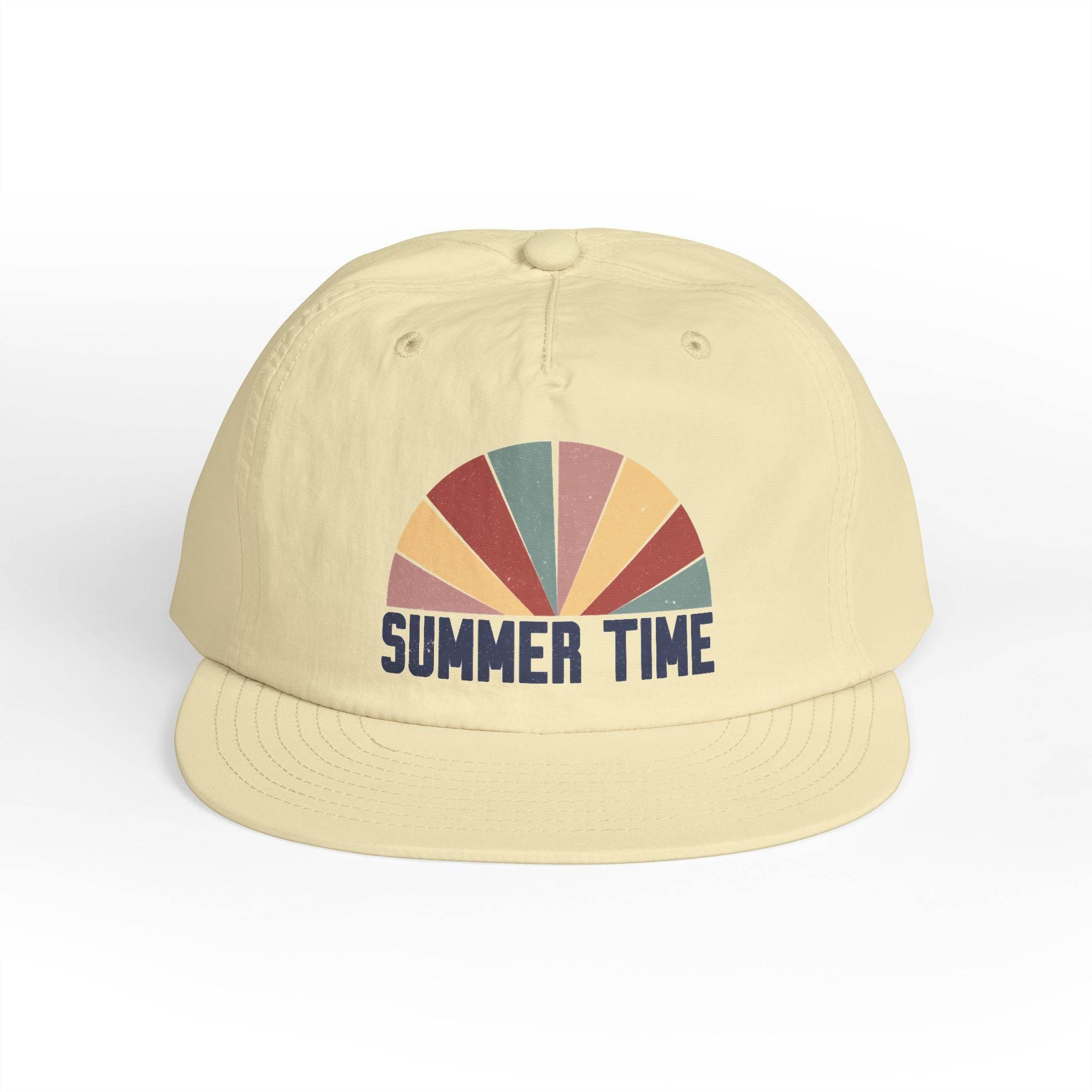 Printify eco-friendly surf cap with pastel summer time graphic and flat brim hat design