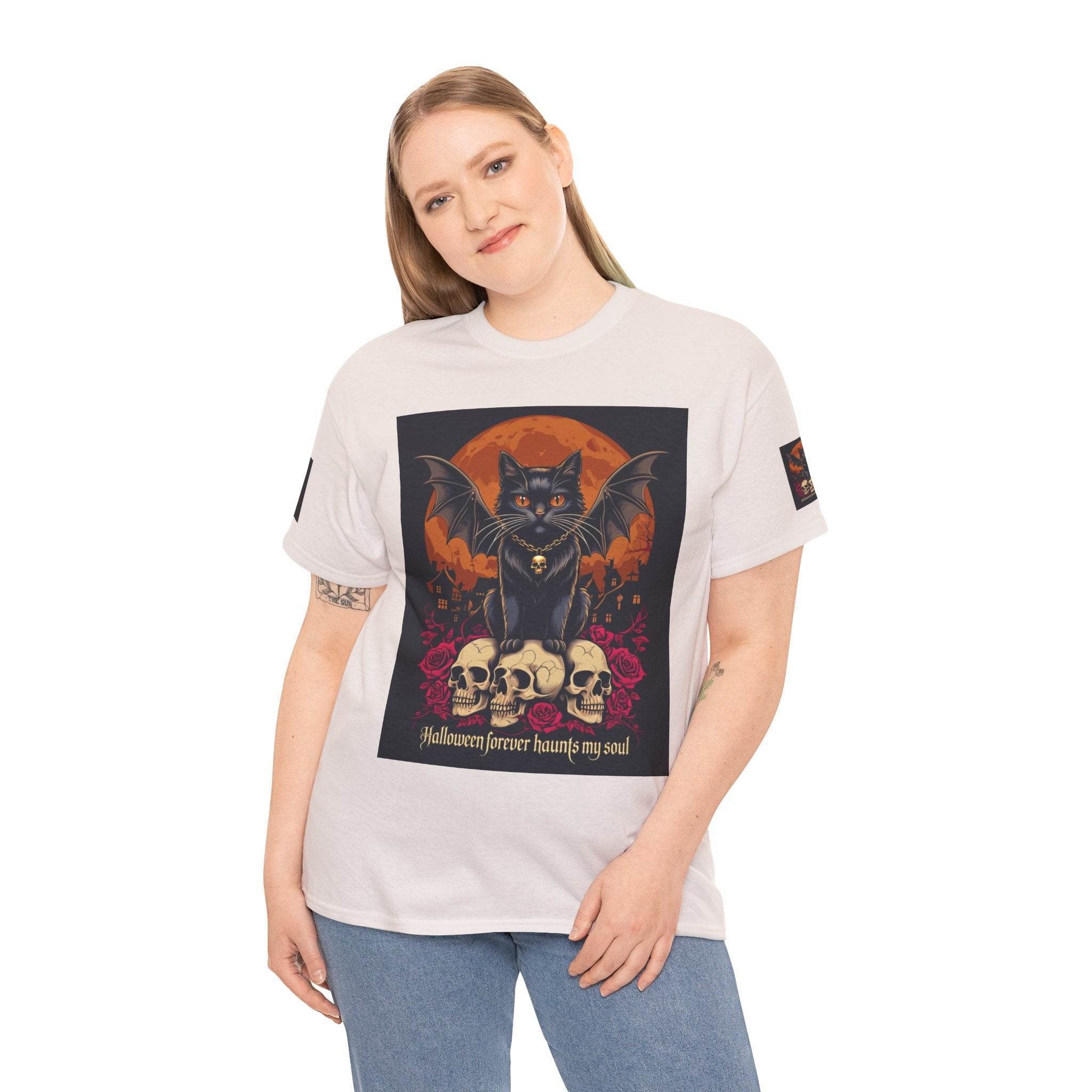 Halloween Cat Skull Unisex Heavy Cotton Tee