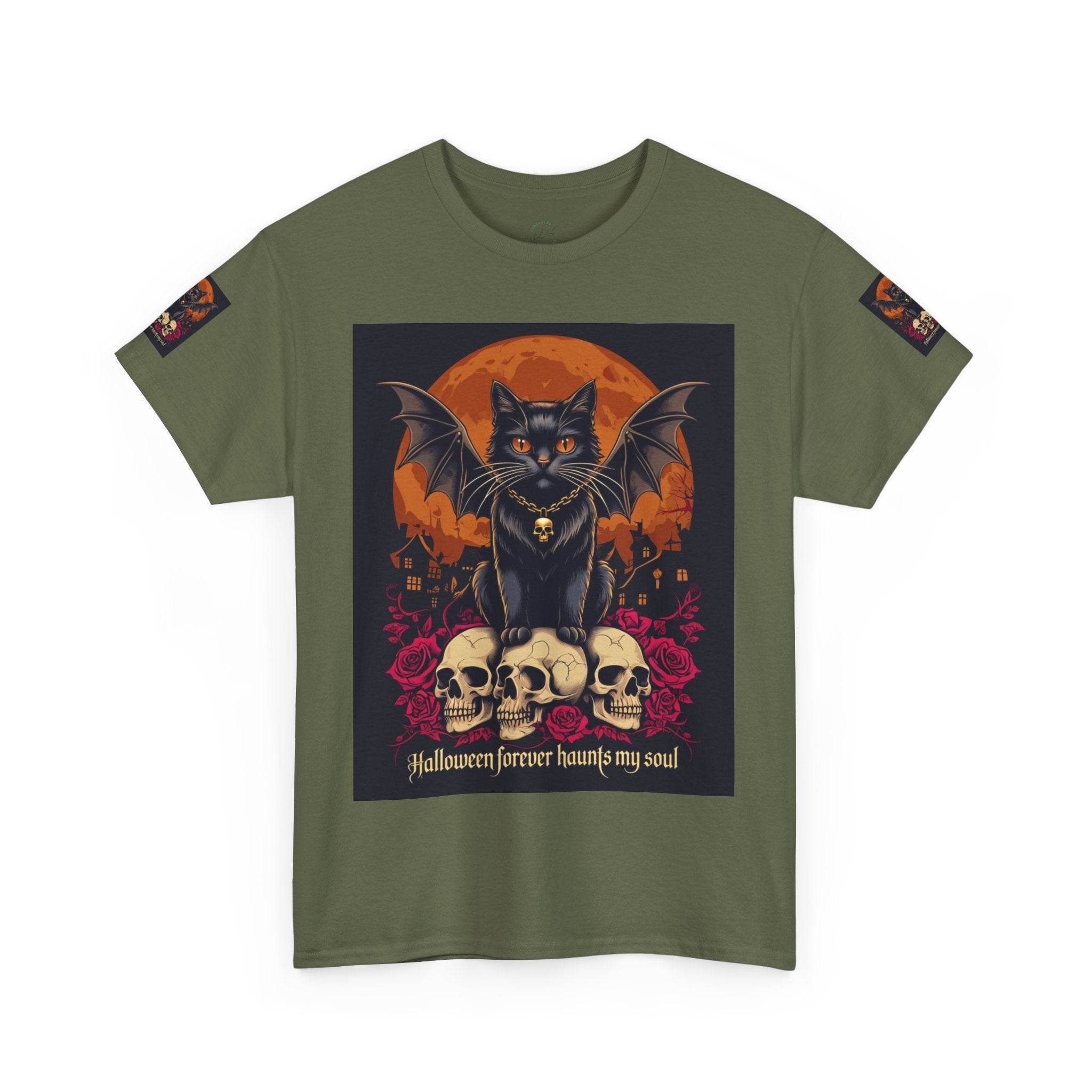 Halloween Cat Skull Unisex Heavy Cotton Tee