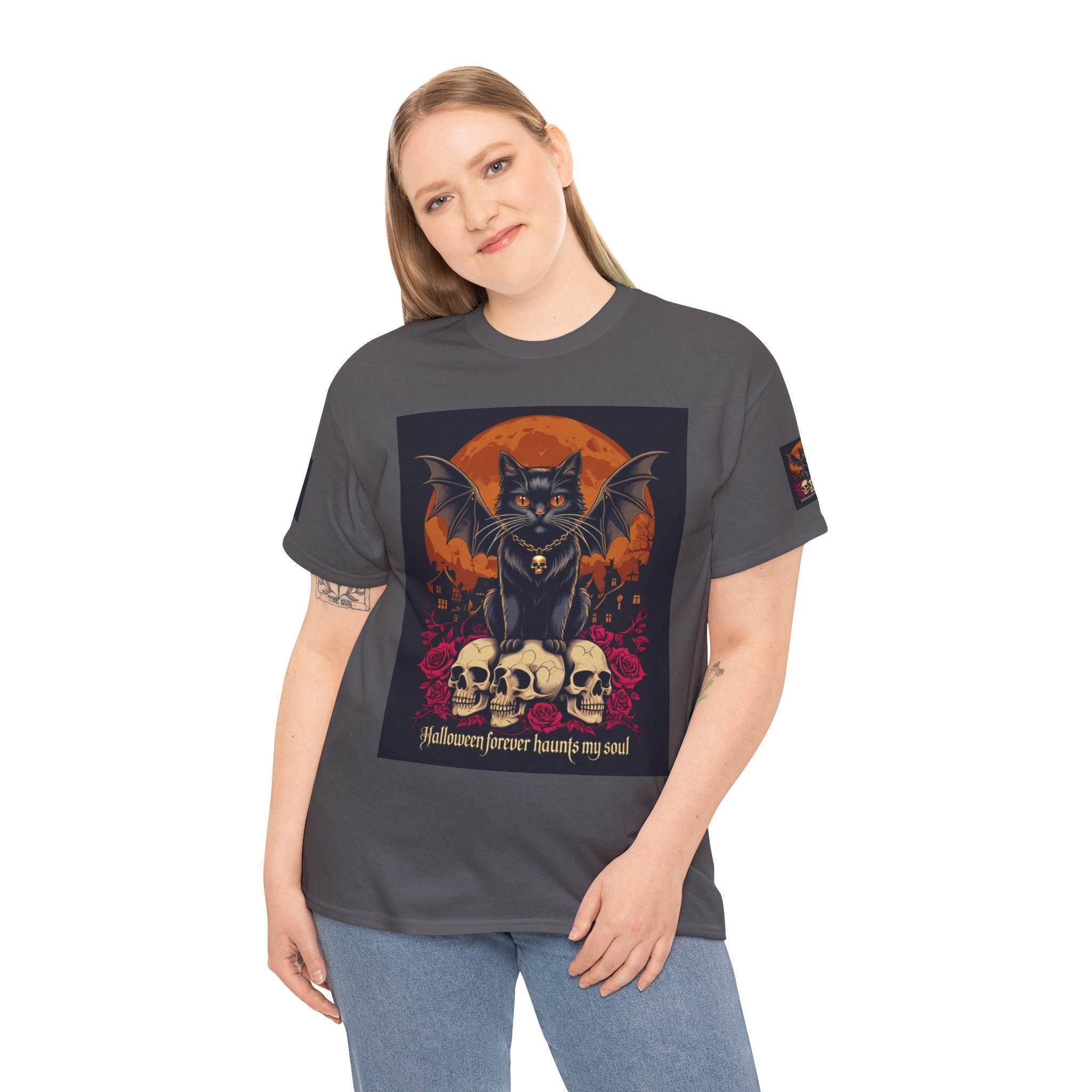 Halloween Cat Skull Unisex Heavy Cotton Tee