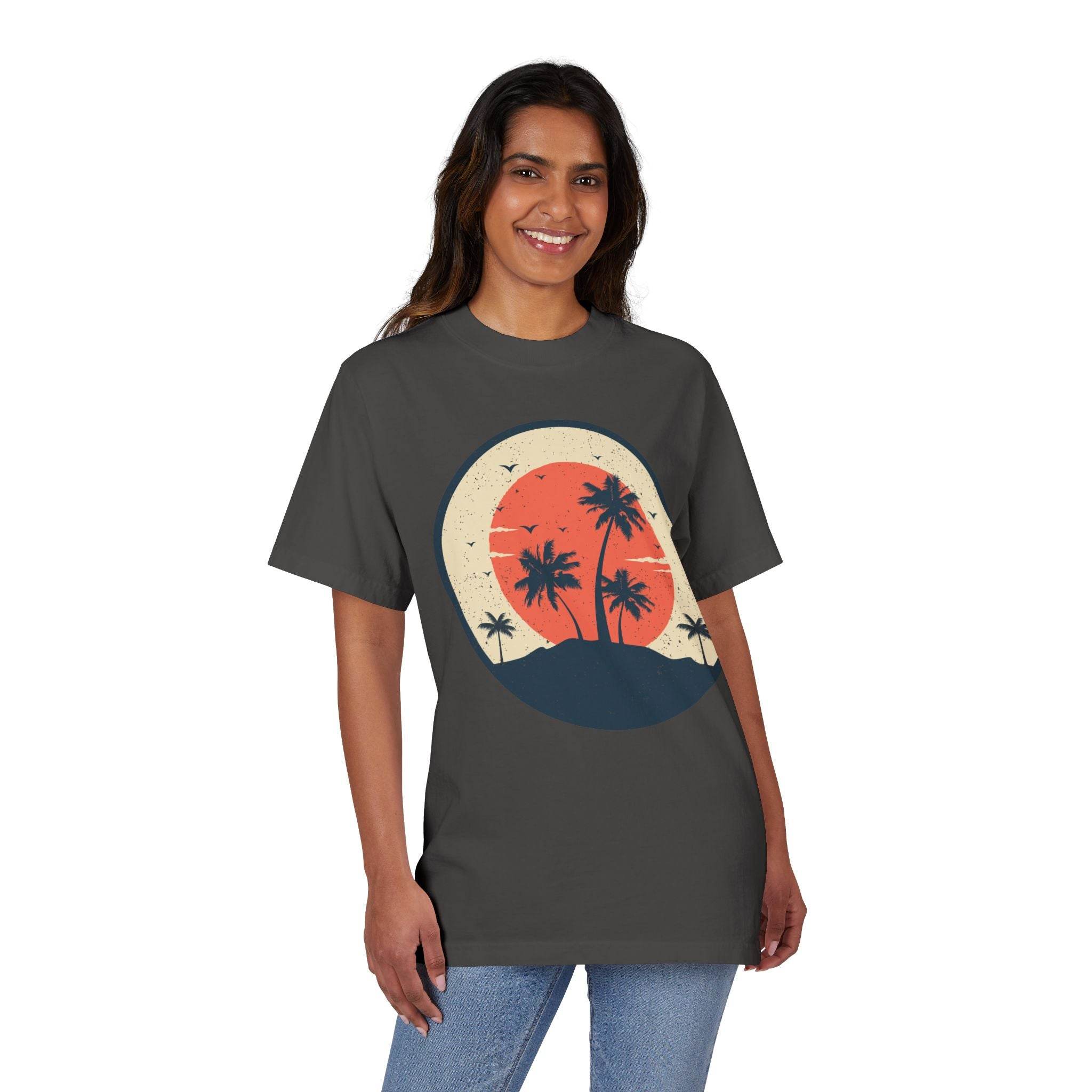 Retro Palm Tree Unisex Garment-Dyed Drop-Shoulder T-Shirt - Esmeralda Ecostore