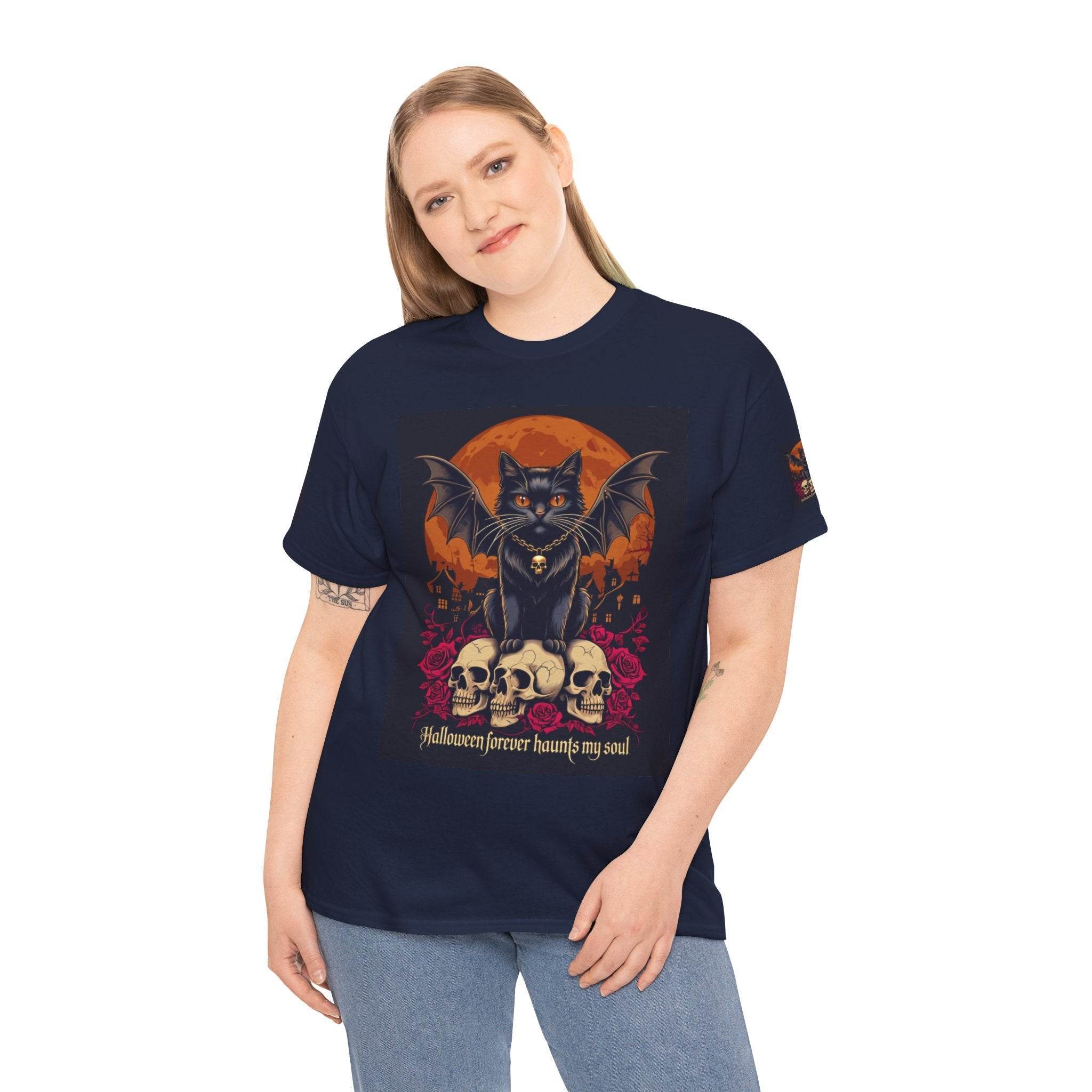 Halloween Cat Skull Unisex Heavy Cotton Tee