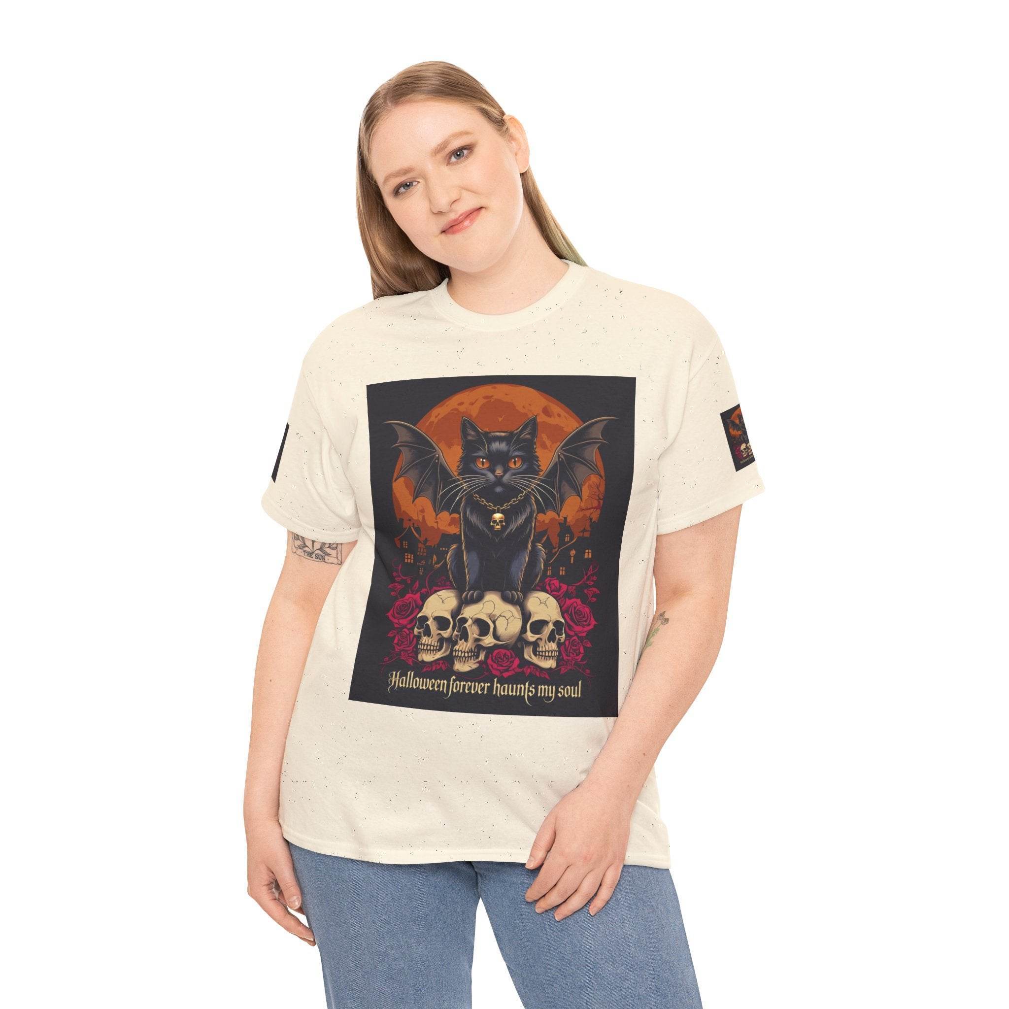 Halloween Cat Skull Unisex Heavy Cotton Tee