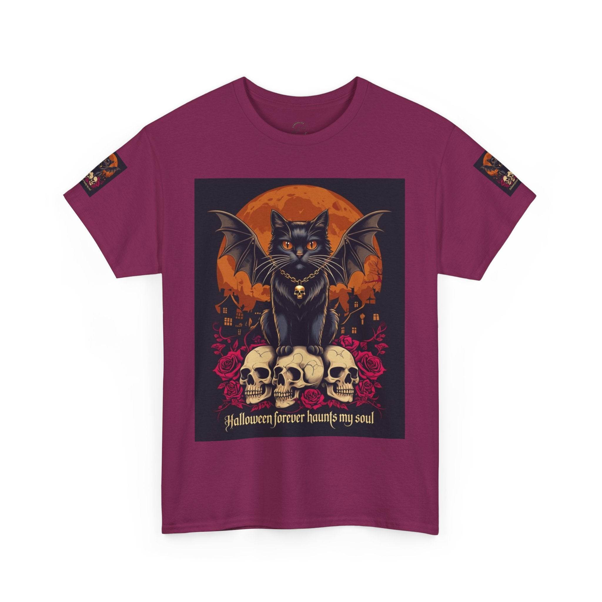 Halloween Cat Skull Unisex Heavy Cotton Tee