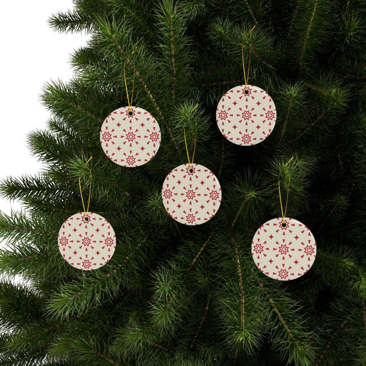 Red & Cream Festive Ceramic Ornaments 2-Side Print - Esmeralda Ecostore