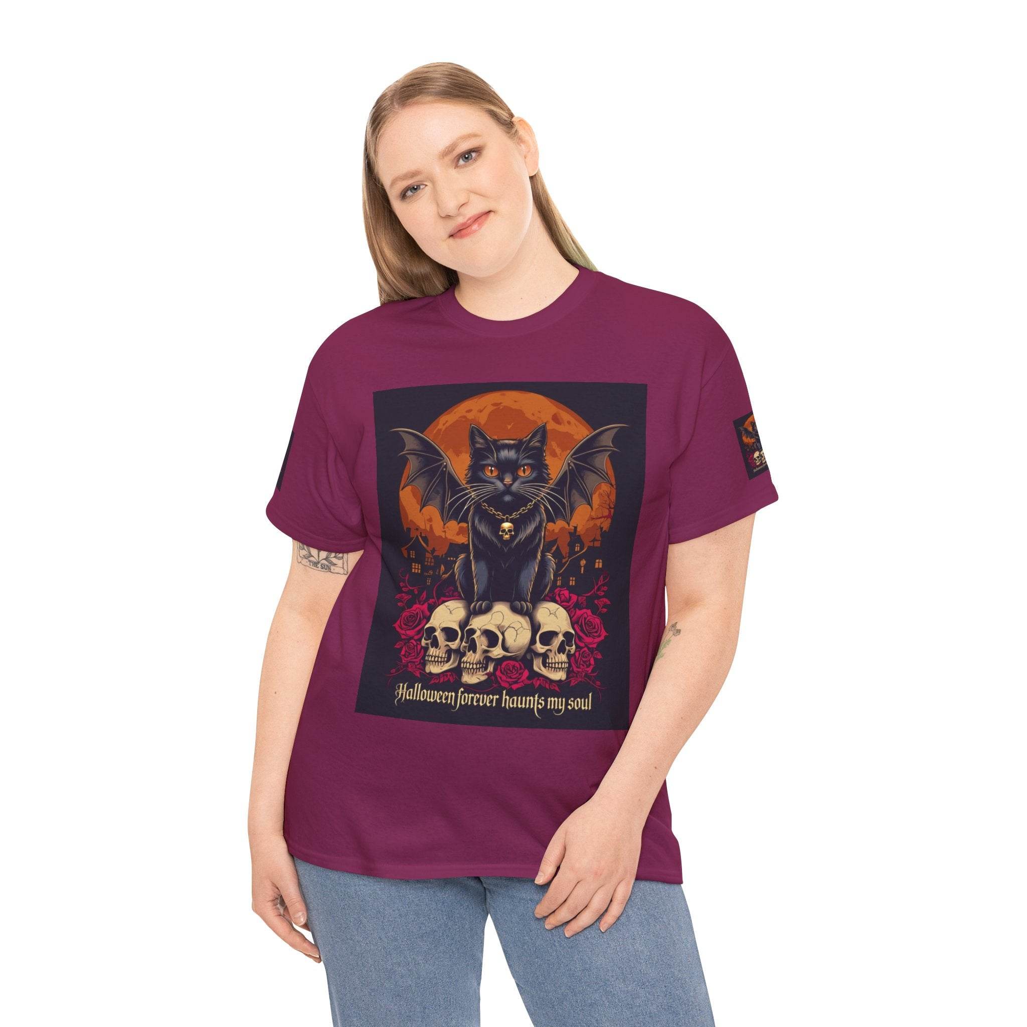 Halloween Cat Skull Unisex Heavy Cotton Tee