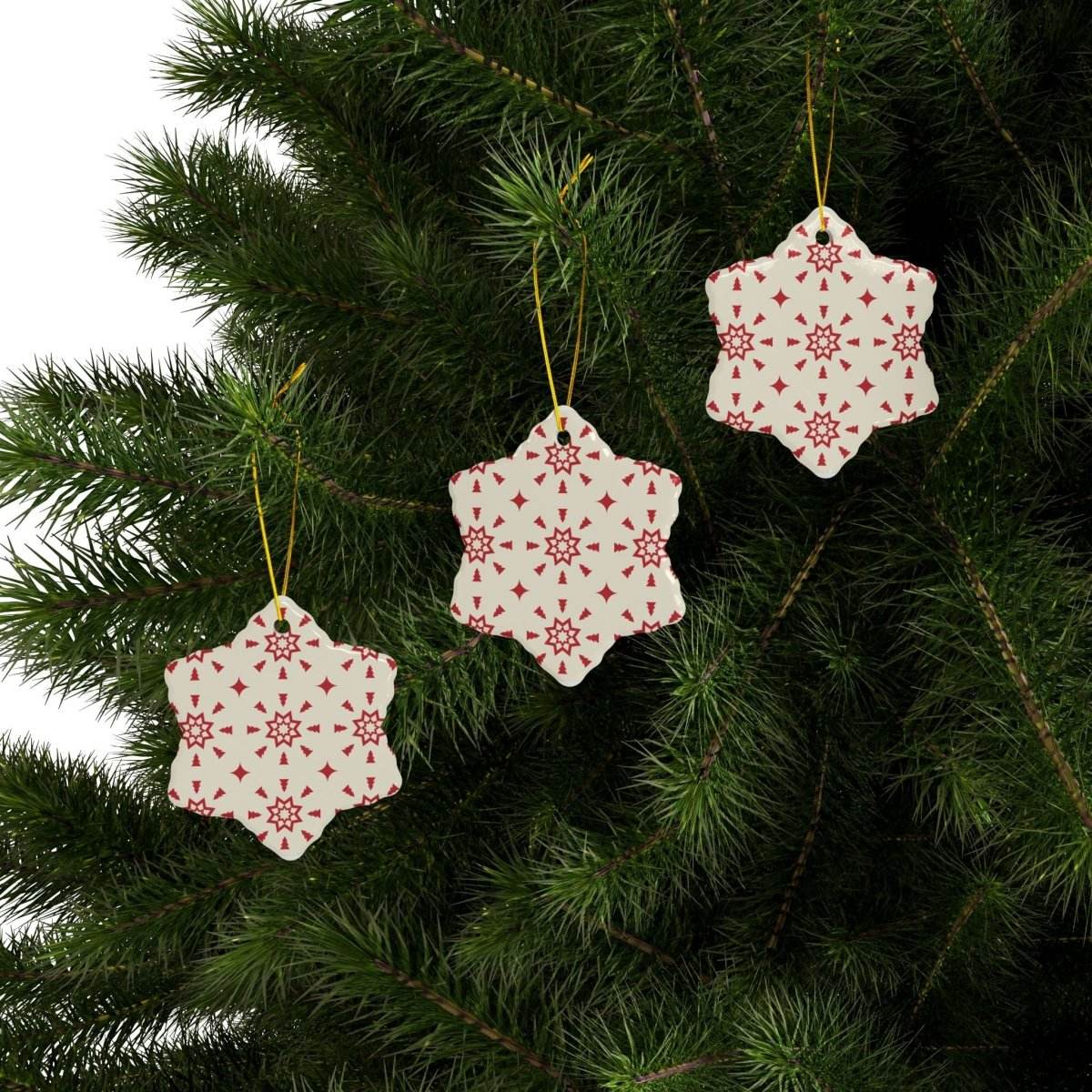 Red & Cream Festive Ceramic Ornaments 2-Side Print - Esmeralda Ecostore