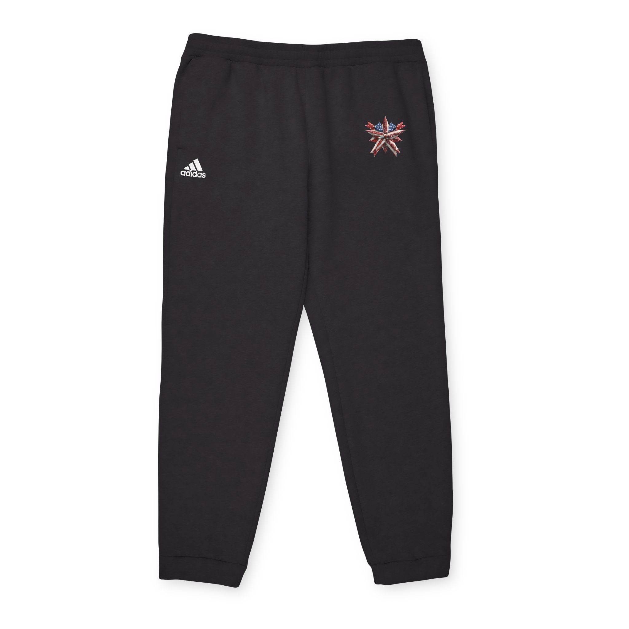 Black eco Adidas pants with elastic waistband and embroidered logo from Printify