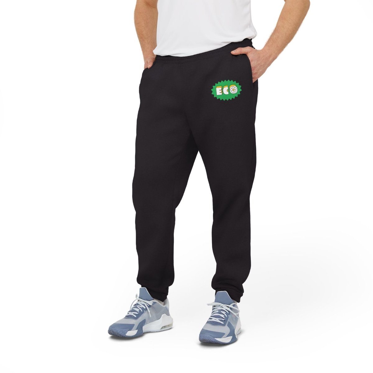 Men's black eco Adidas pants featuring a vibrant ECO graphic for a stylish casual look