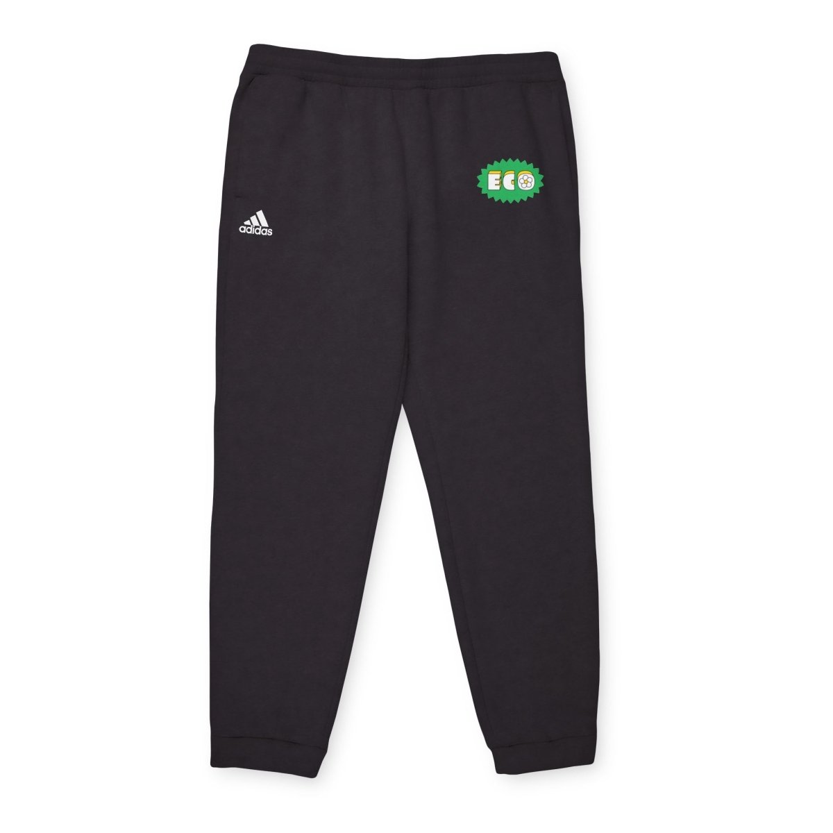 Black eco Adidas pants with eco-friendly logo, ideal for casual wear and comfort