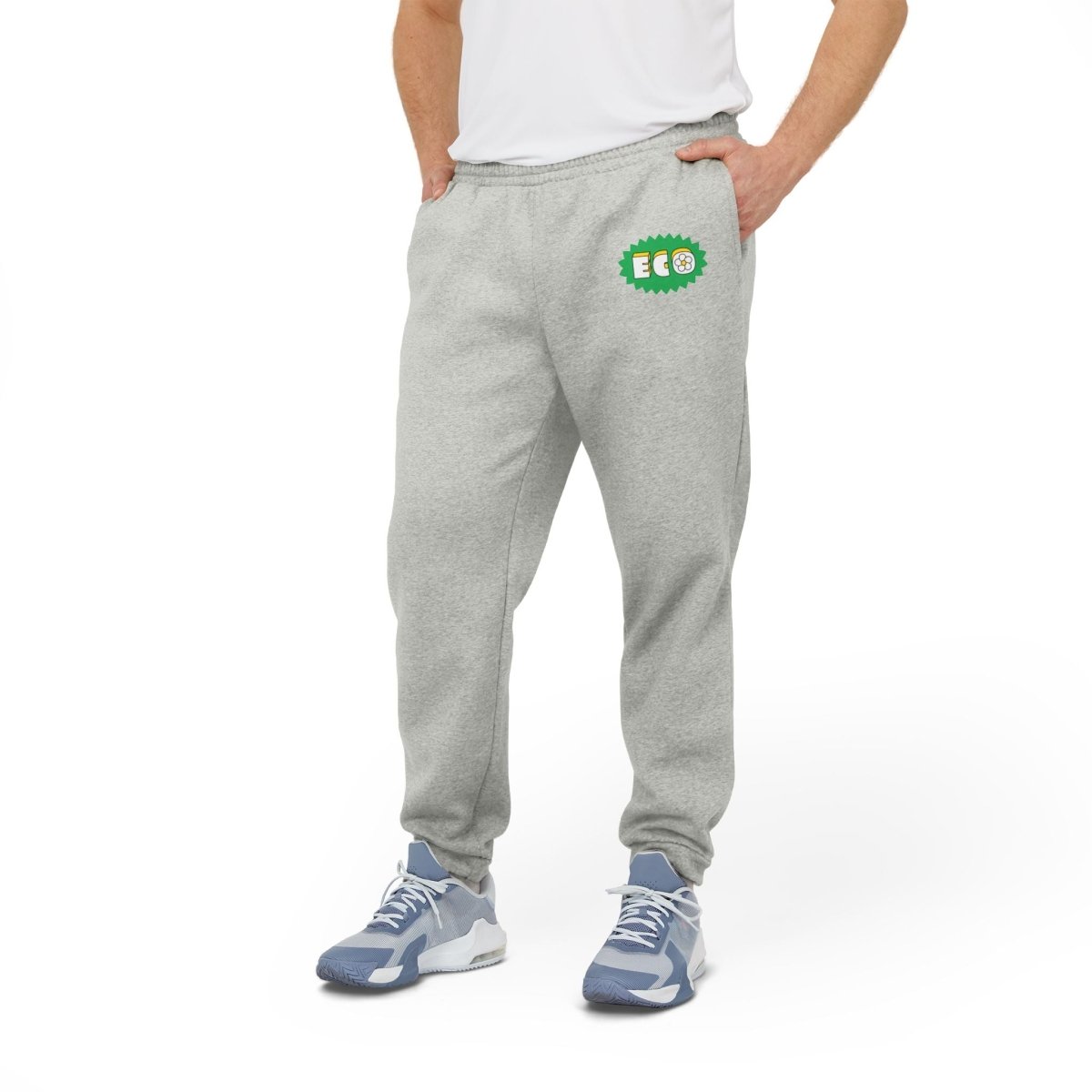 Men's grey eco Adidas pants with eco-friendly logo for comfortable casual wear