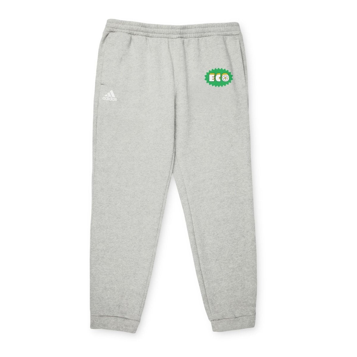 Eco Adidas pants in light gray with green logo for sustainable and stylish comfort