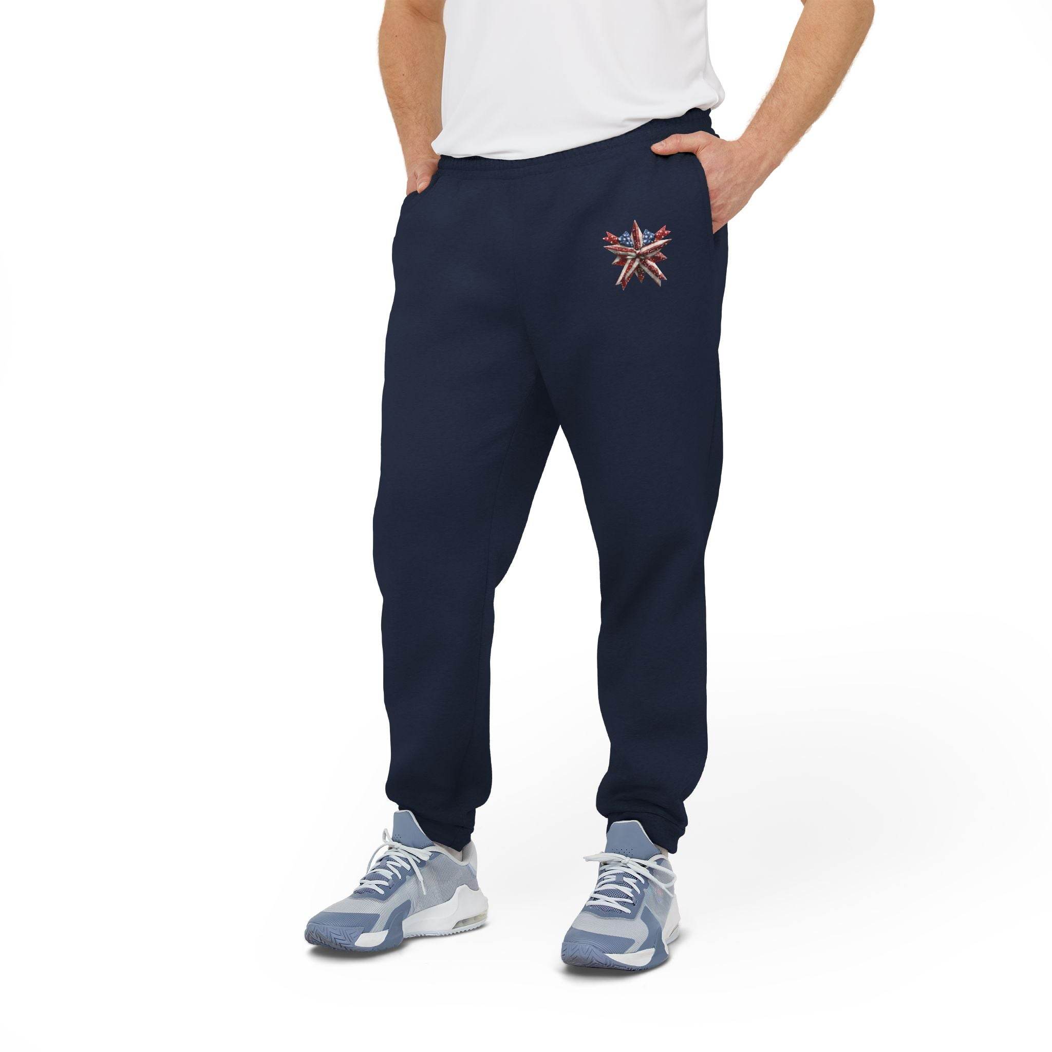 Men's navy eco Adidas pants with a colorful logo on left thigh by Printify