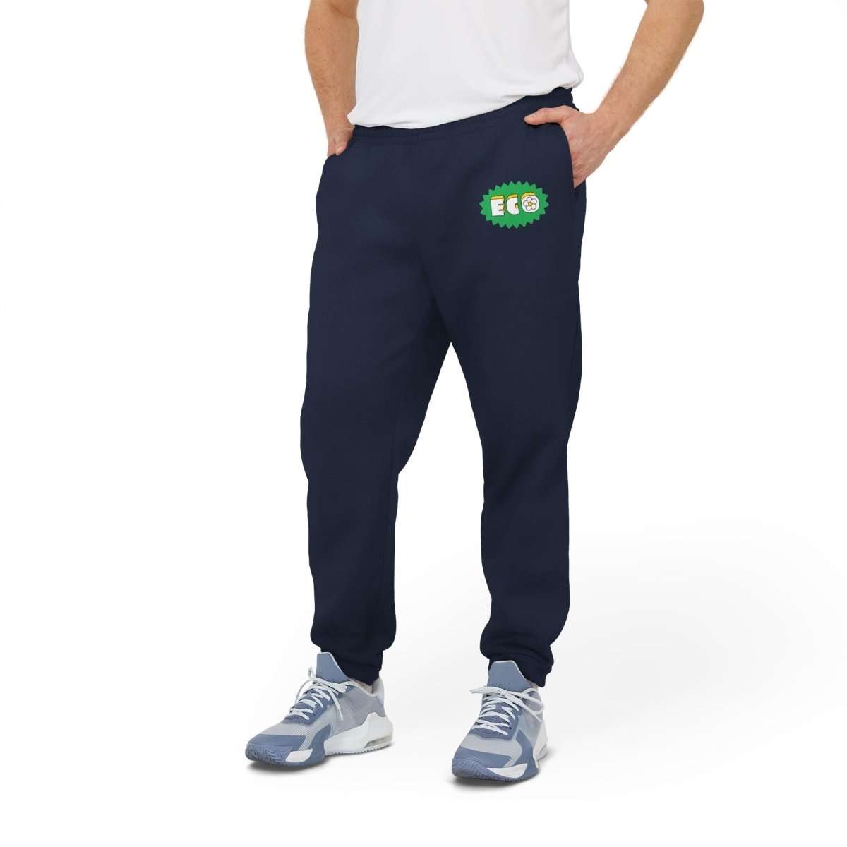 Men's navy eco Adidas pants with colorful eco graphic for casual comfort and style