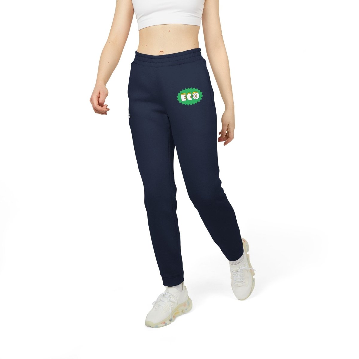 Eco Adidas pants in navy with a green 'ECO' logo, perfect for casual and eco-friendly wear