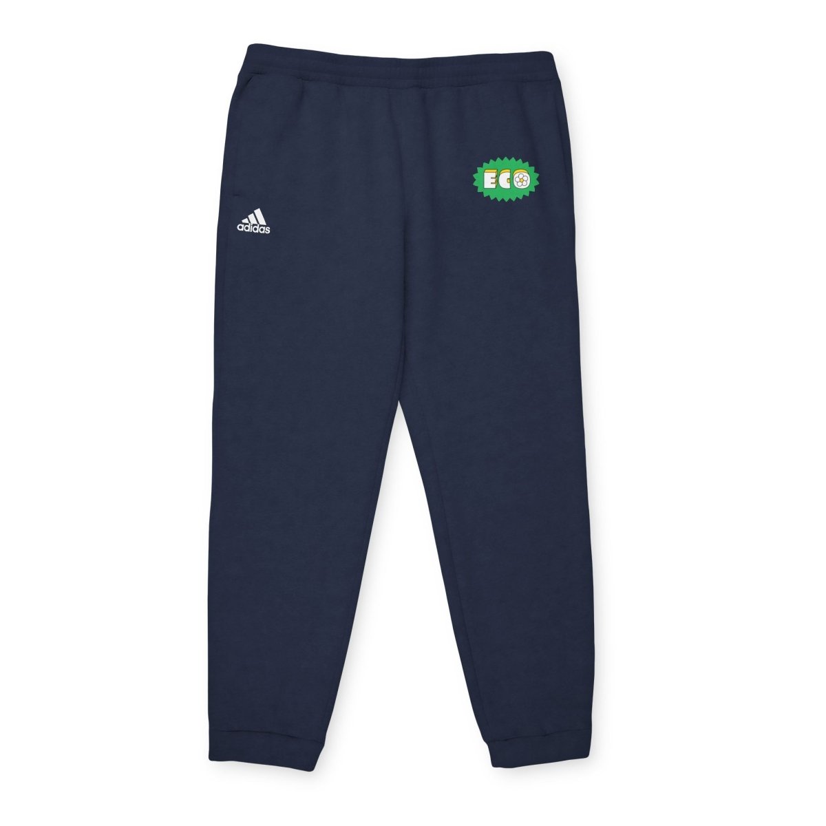 Navy eco Adidas pants featuring a vibrant green eco logo for sustainable fashion