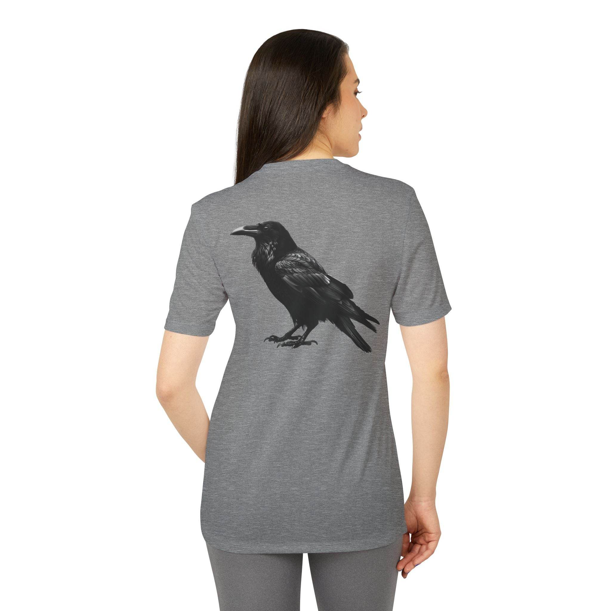 Printify eco-friendly Adidas sport t-shirt in gray with black raven graphic on back