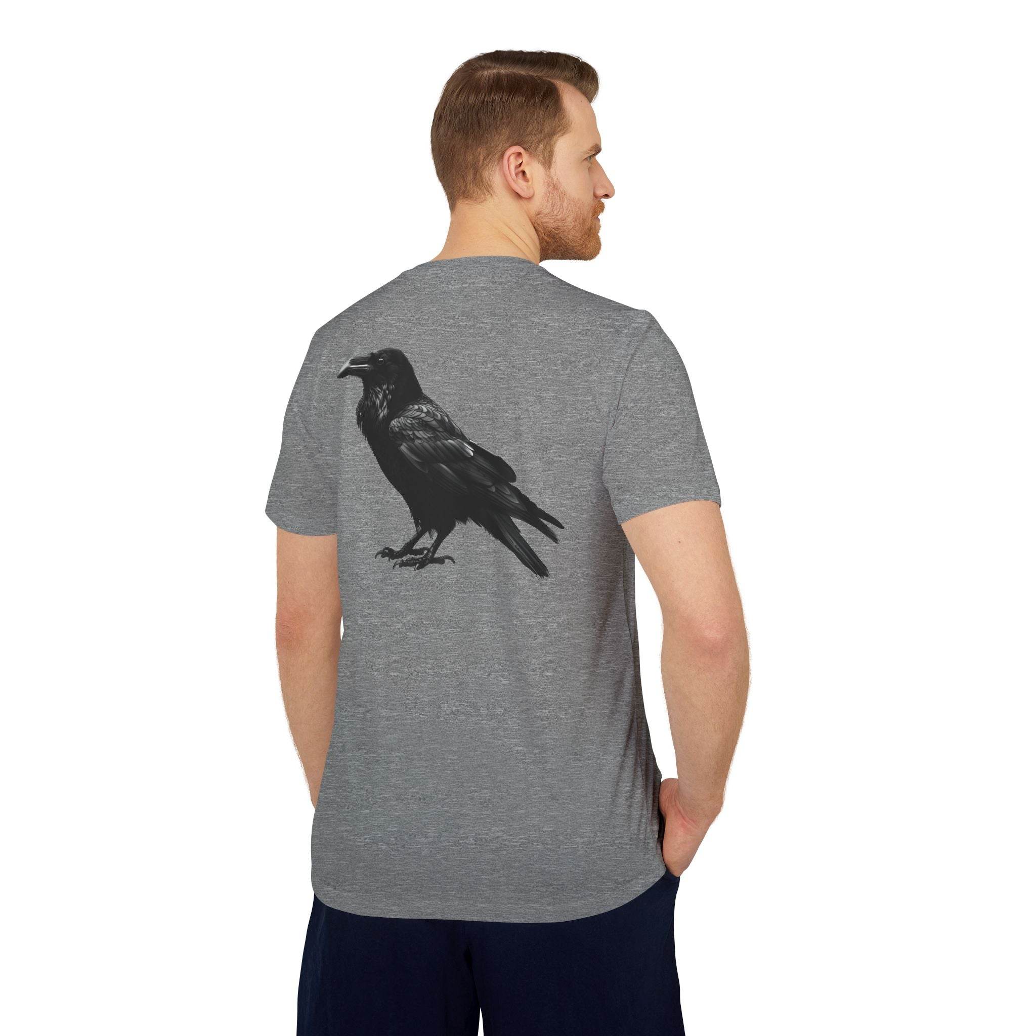 Eco-friendly Adidas sport t-shirt in gray with black raven graphic on back, modeled by man