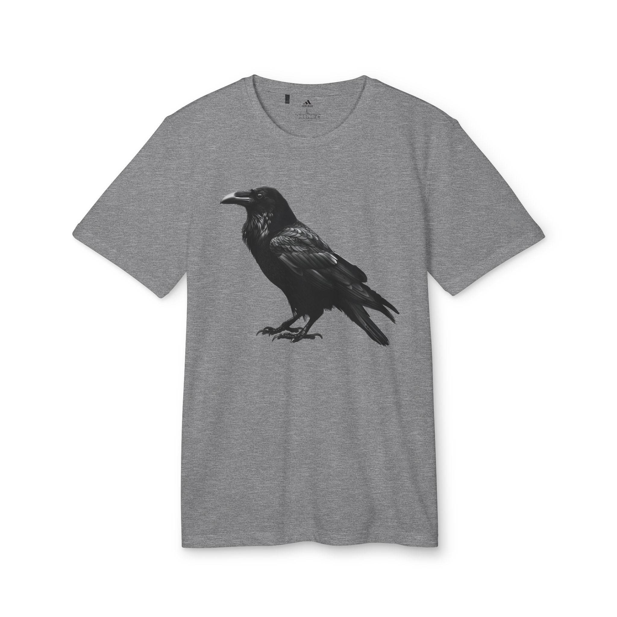 Grey eco-friendly Adidas sport t-shirt by Printify with black raven graphic print