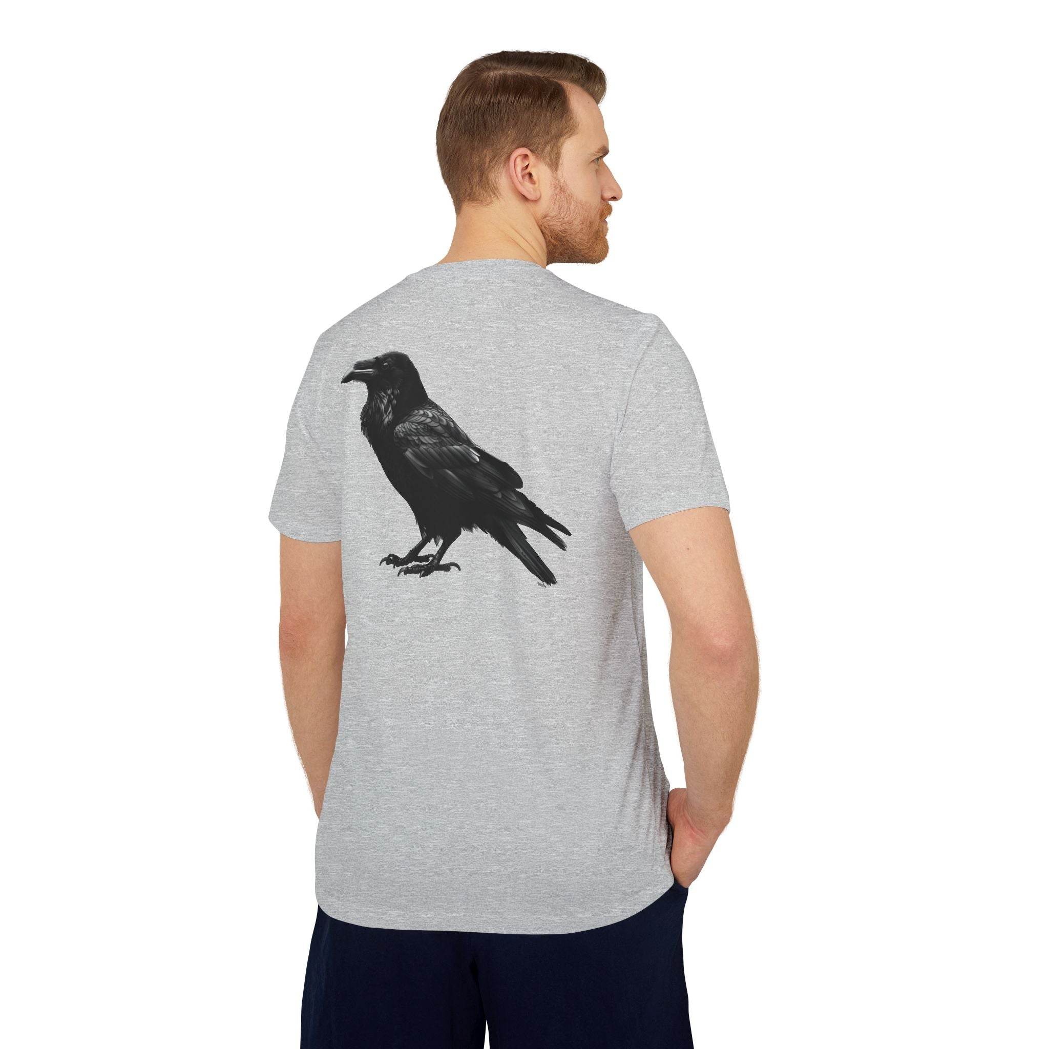 Printify eco-friendly Adidas sport t-shirt in light gray with black crow graphic on back