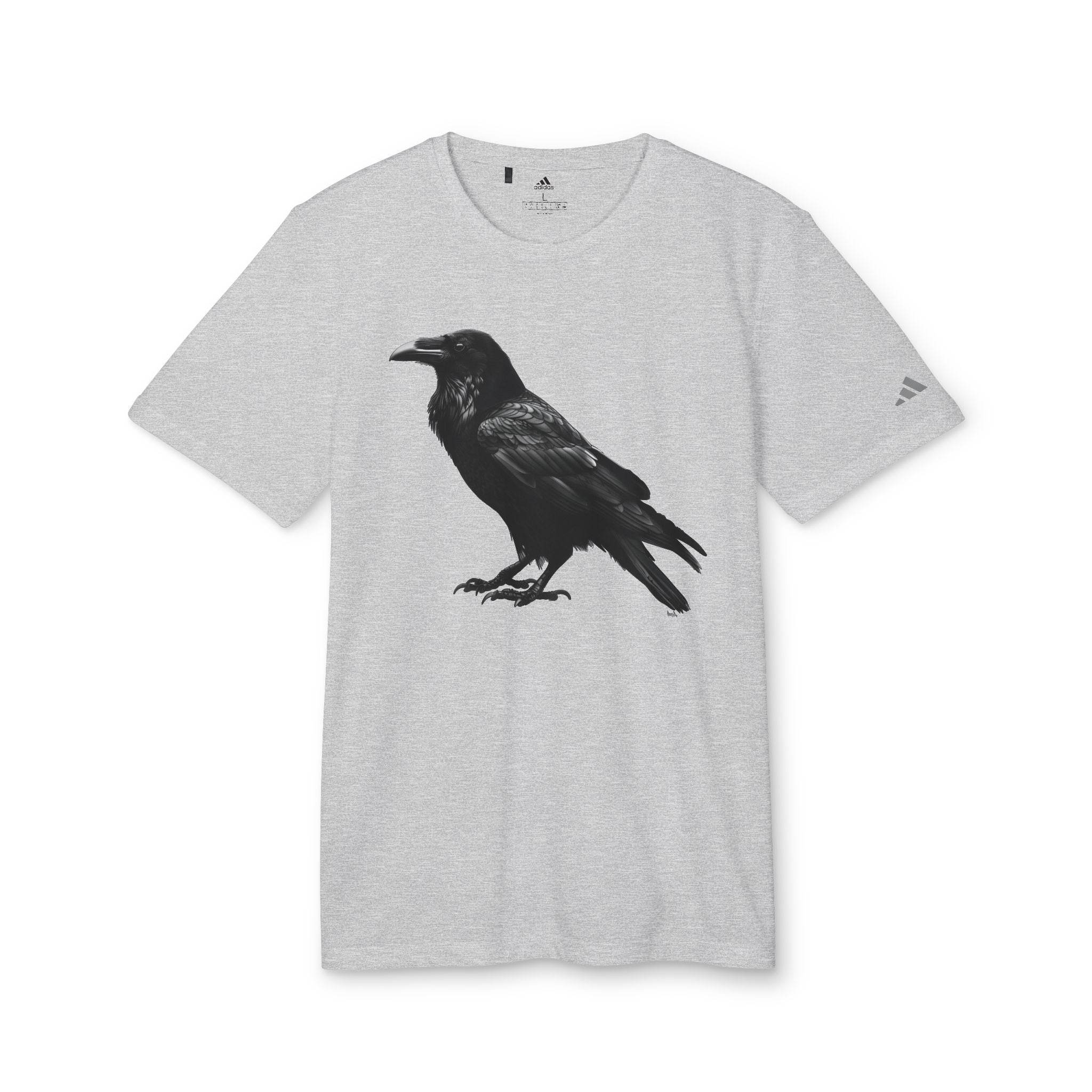 Printify eco-friendly Adidas sport t-shirt in light gray with black raven graphic and Adidas logo on sleeve