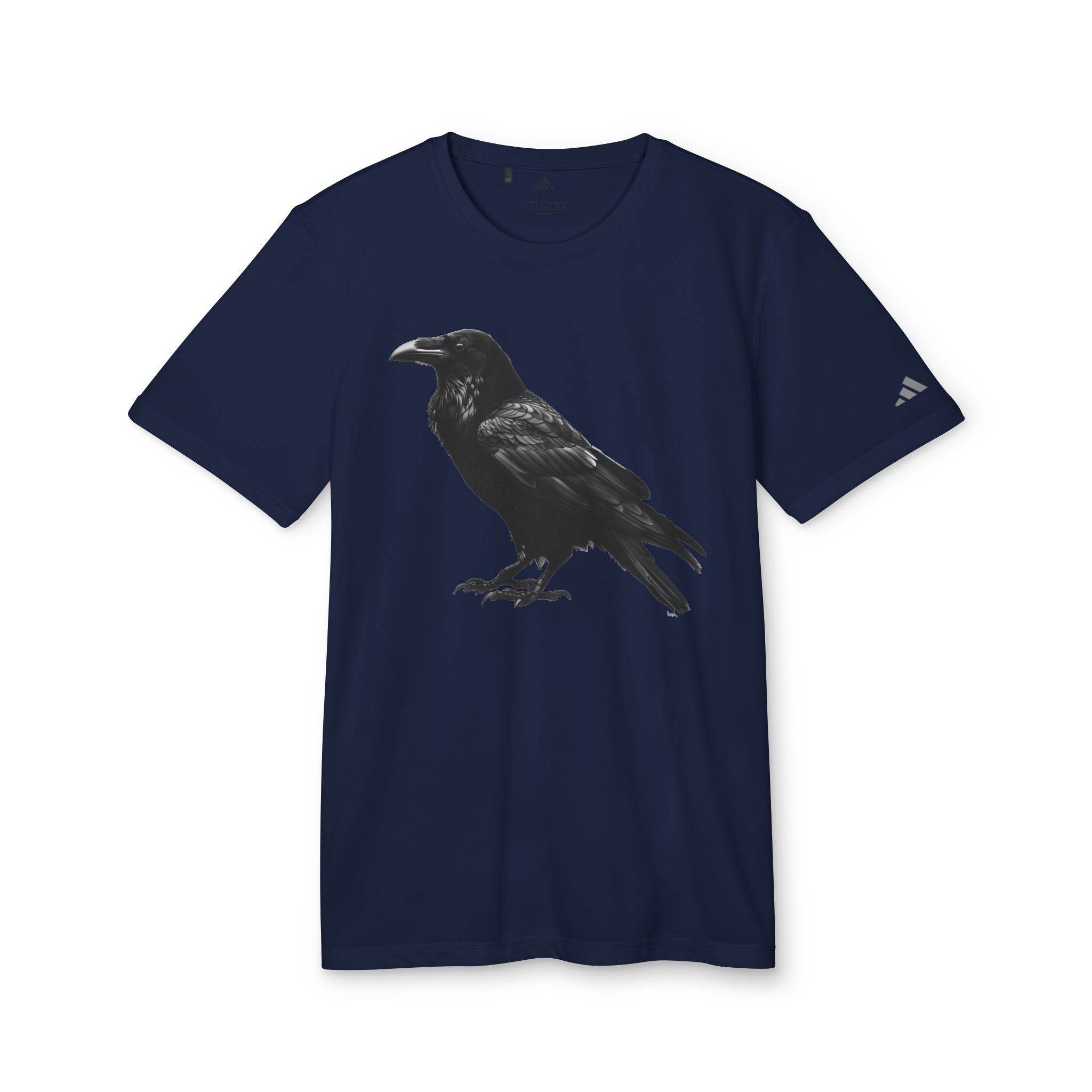Navy Printify T-shirt featuring a black raven graphic and eco-friendly Adidas sport t-shirt logo on sleeve