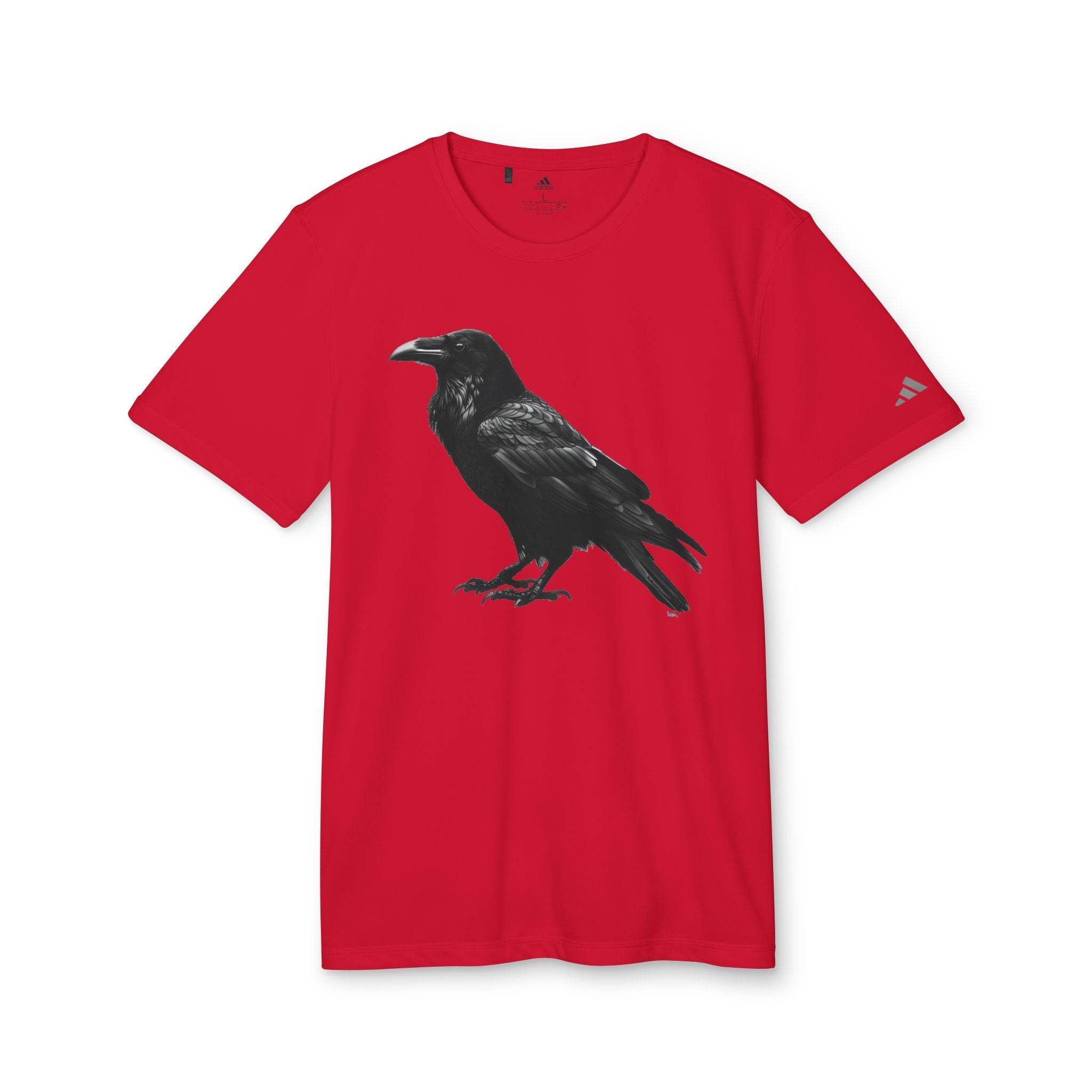 Red eco-friendly Adidas sport t-shirt with black raven graphic on front and Adidas logo on sleeve by Printify