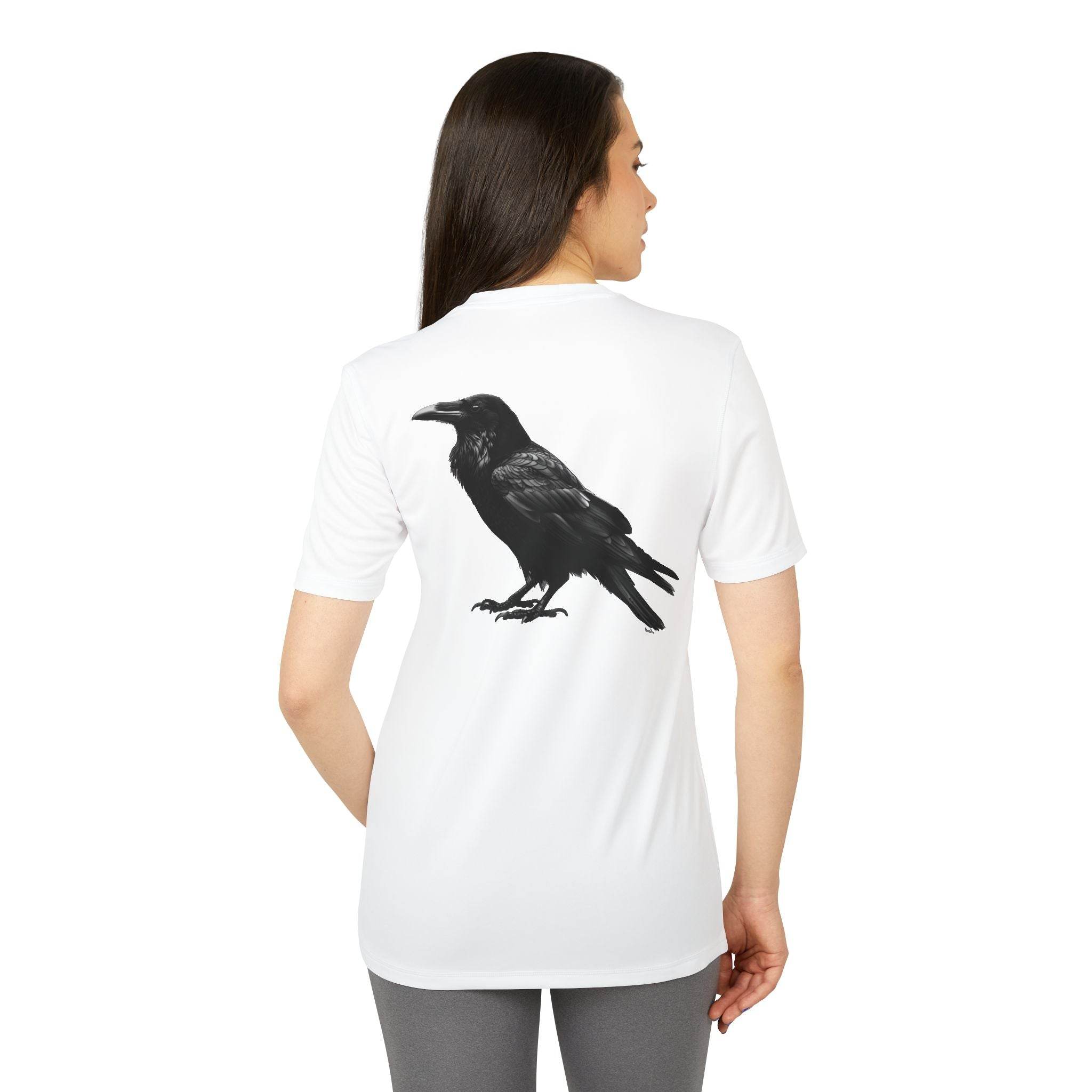 Eco-friendly Adidas sport t-shirt in white with black raven graphic on back by Printify