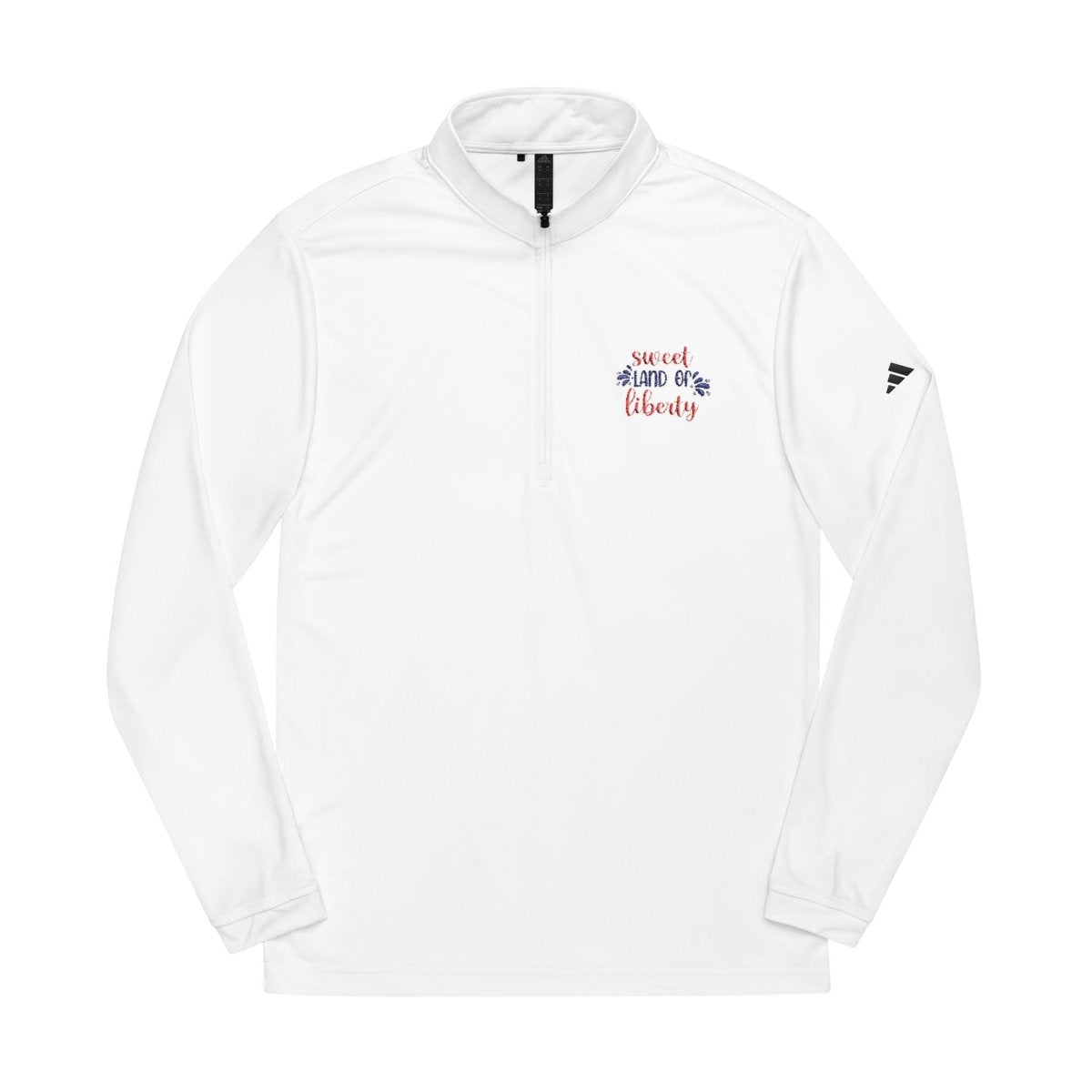 Adidas white sweatshirt with zip collar featuring 'Sweet Land of Liberty' design, ideal eco-friendly athletic wear