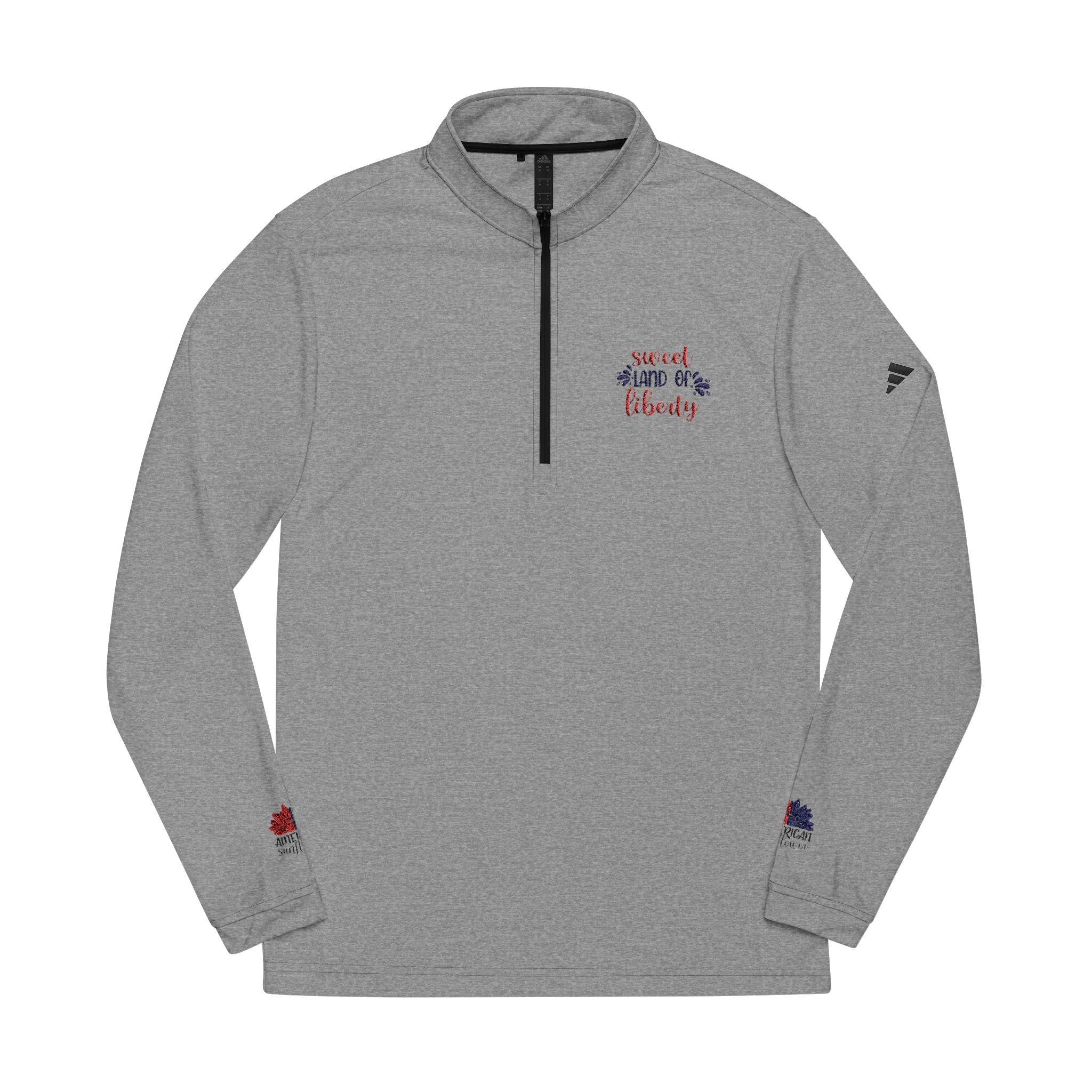 Printify gray quarter-zip sweatshirt with patriotic text design, eco-friendly athletic wear