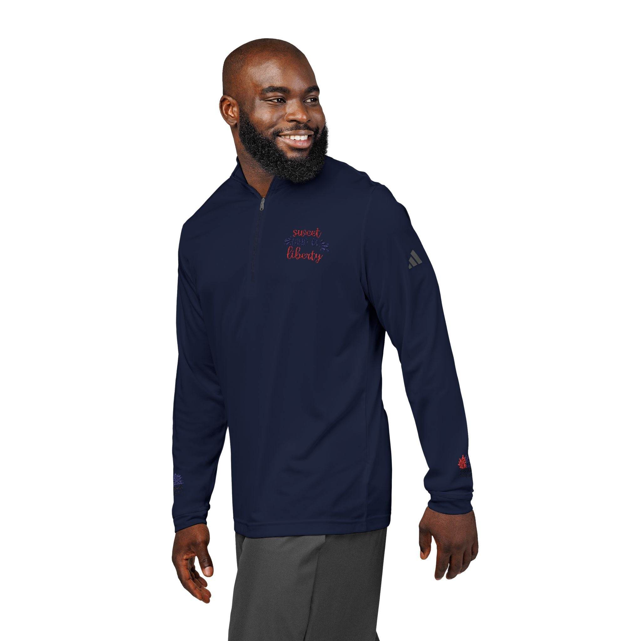 Man wearing navy Printify sweatshirt with sweet liberty logo, eco-friendly athletic wear for comfort and style