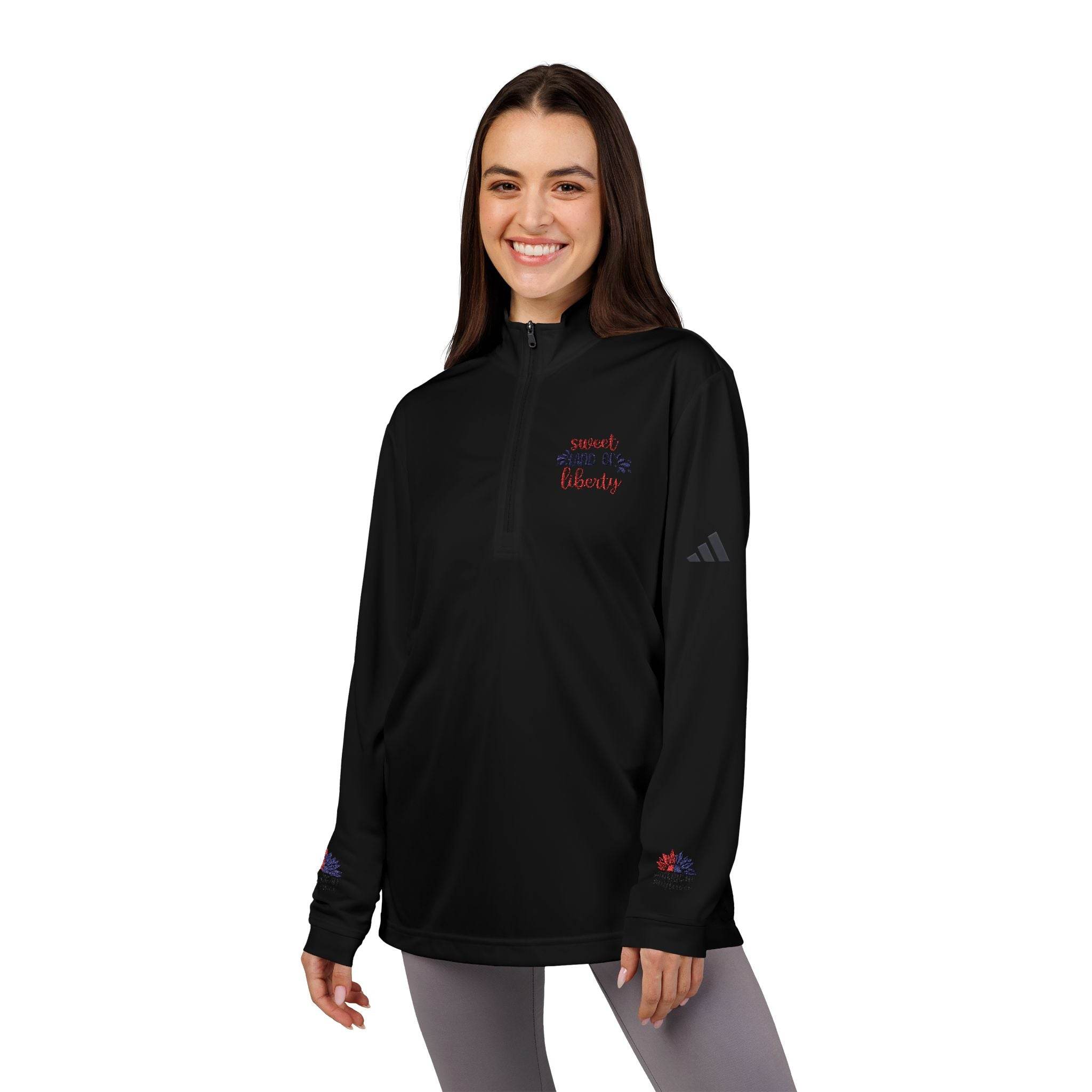 Printify black sweatshirt with quarter zip worn by smiling woman featuring eco-friendly athletic wear design
