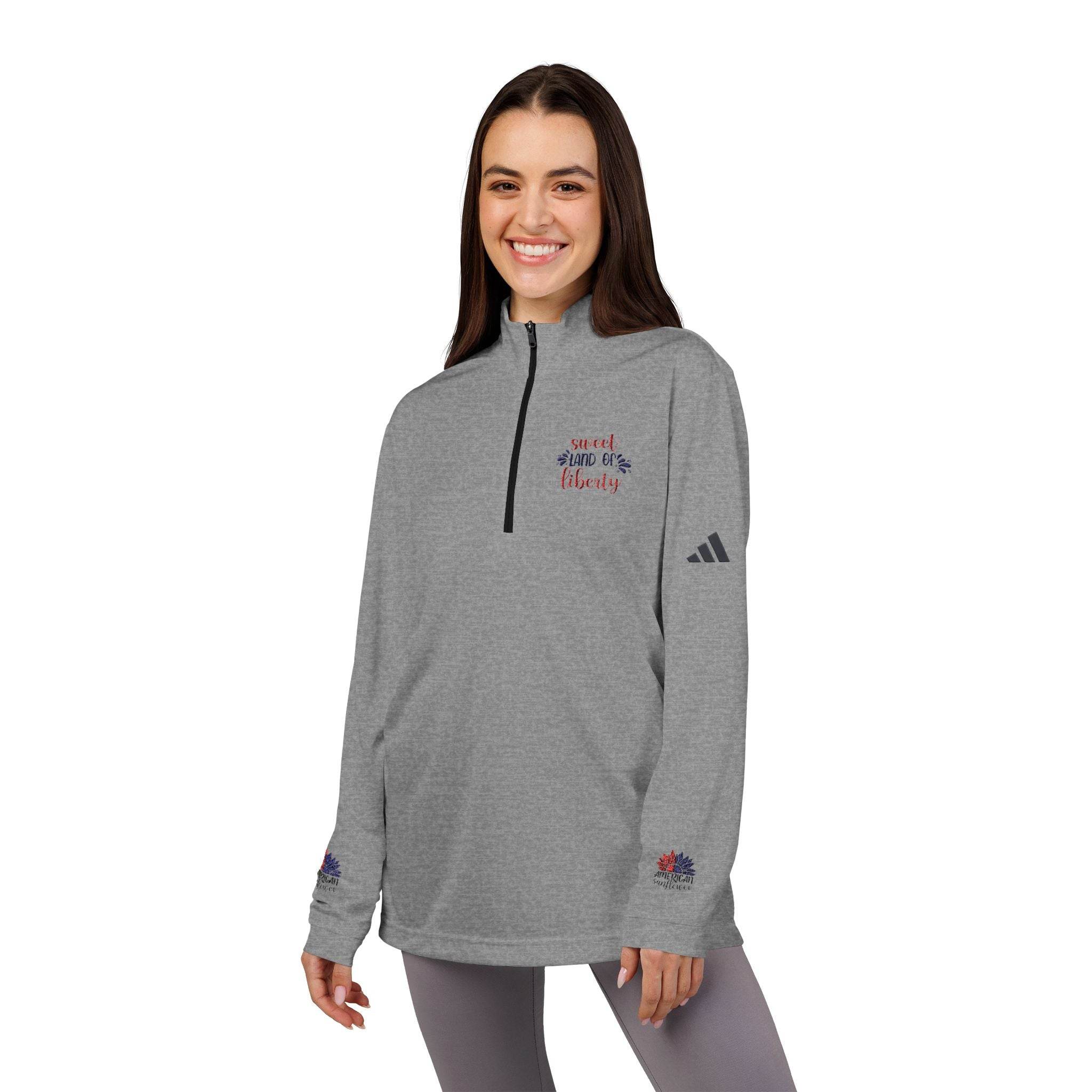 Printify grey sweatshirt with quarter zip featuring eco-friendly athletic wear design worn by smiling woman
