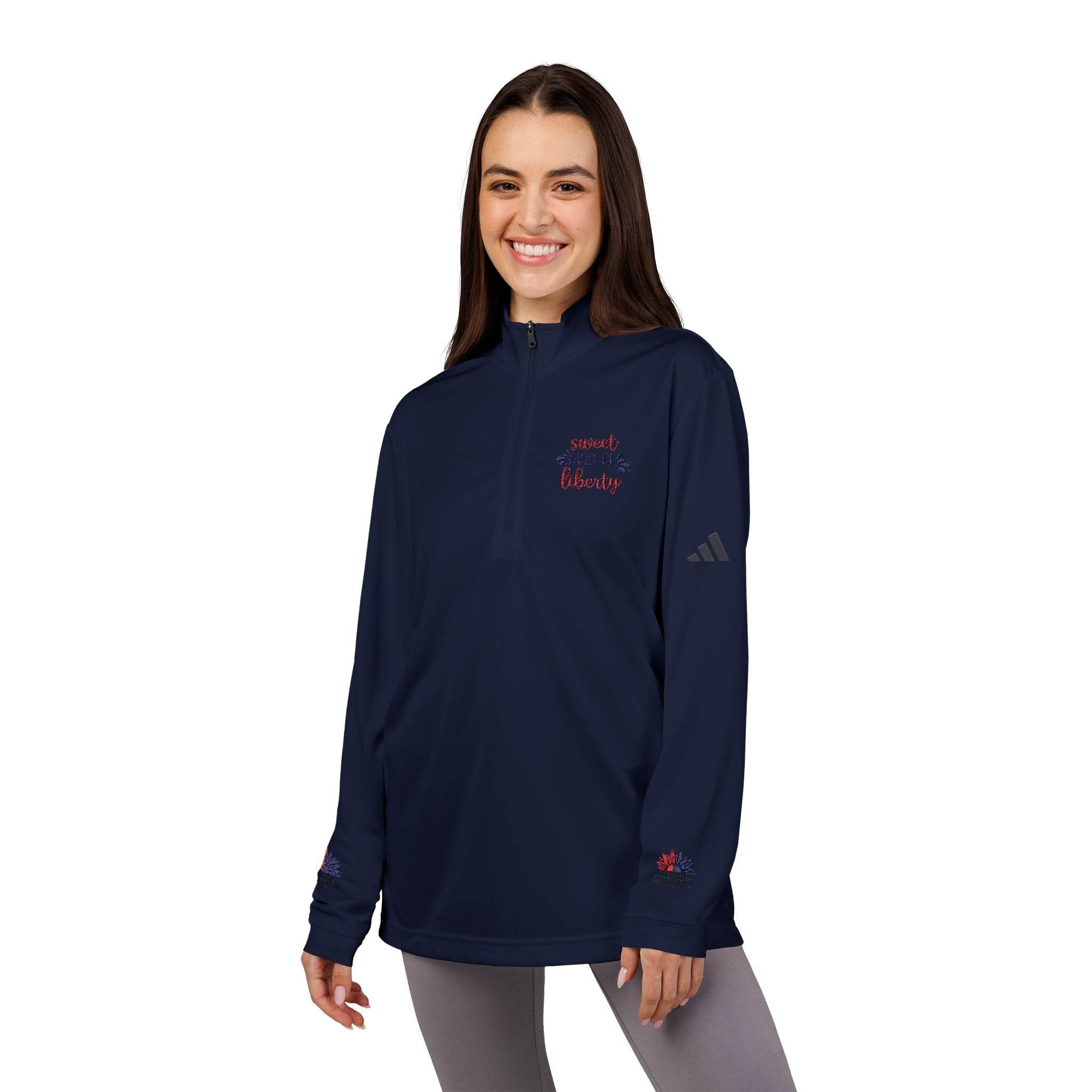 Printify navy sweatshirt featuring eco-friendly athletic wear with quarter zip and embroidered details