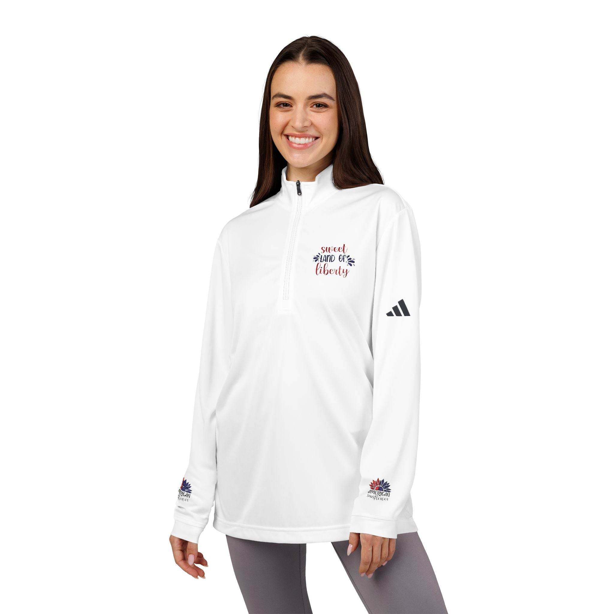 Printify white sweatshirt with quarter zip featuring sweet spirit liberty design eco-friendly athletic wear