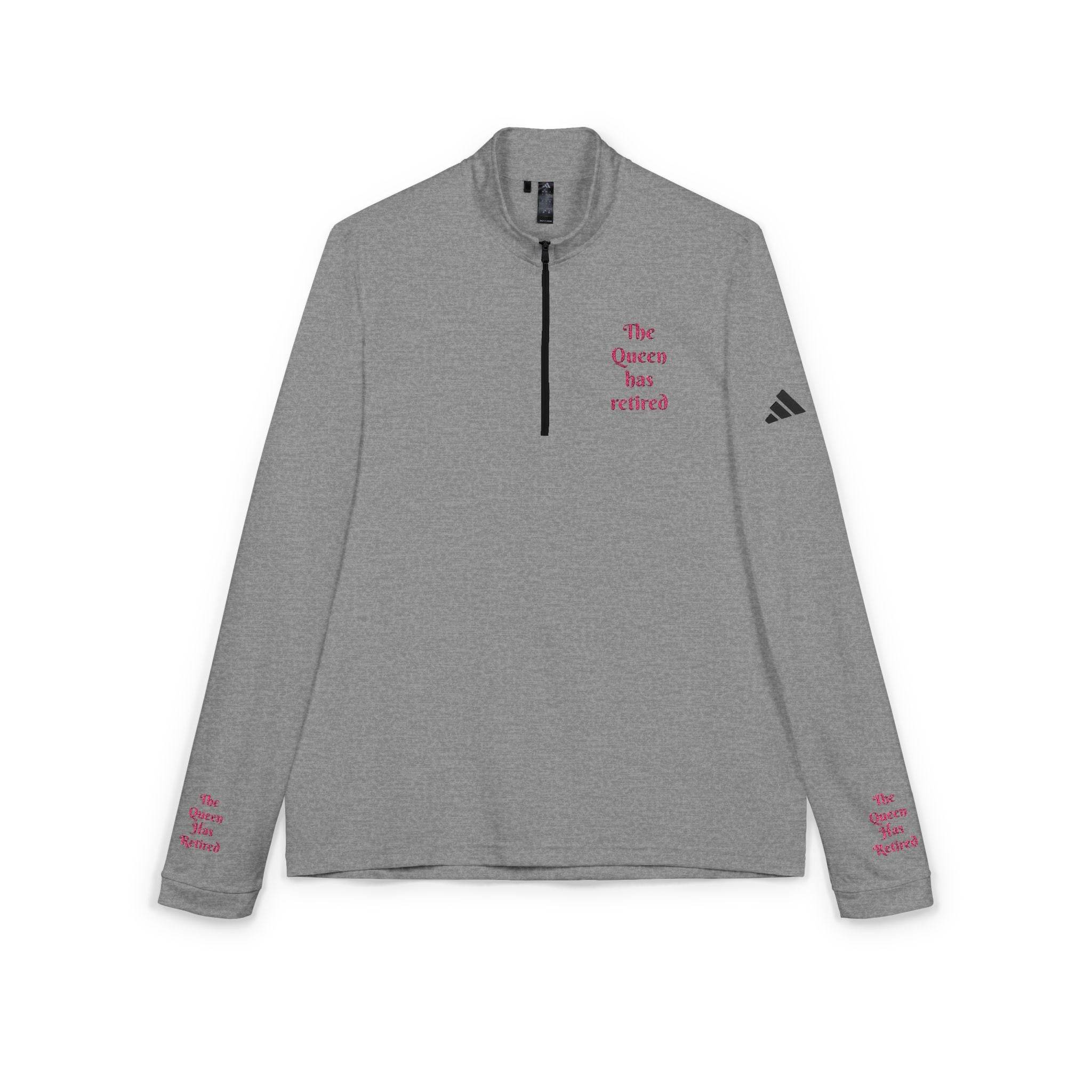 Printify eco-friendly embroidered quarter-zip pullover gray long sleeve with pink chest embroidery and sleeve logo