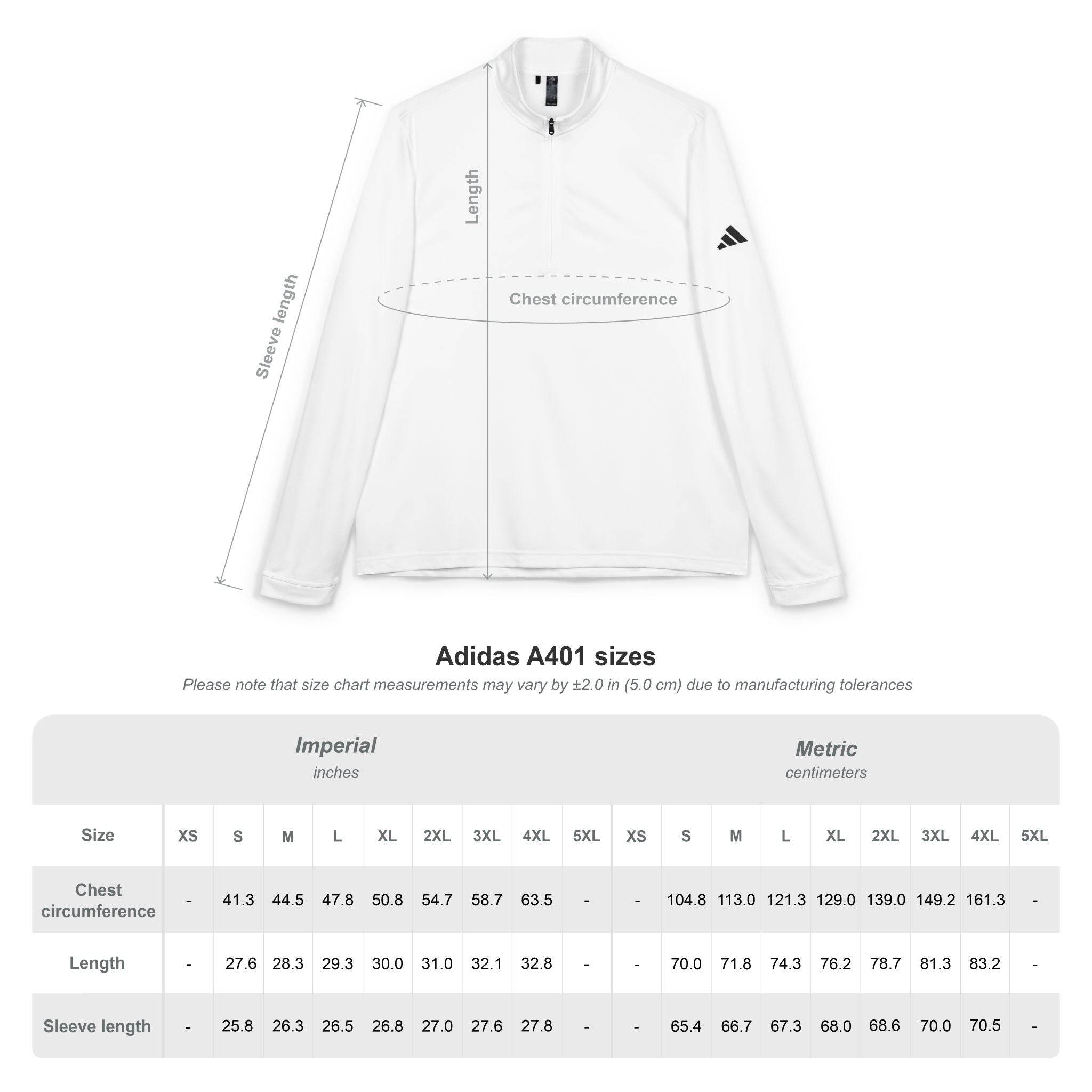 Printify eco-friendly embroidered quarter-zip pullover white flat lay with size chart and measurements