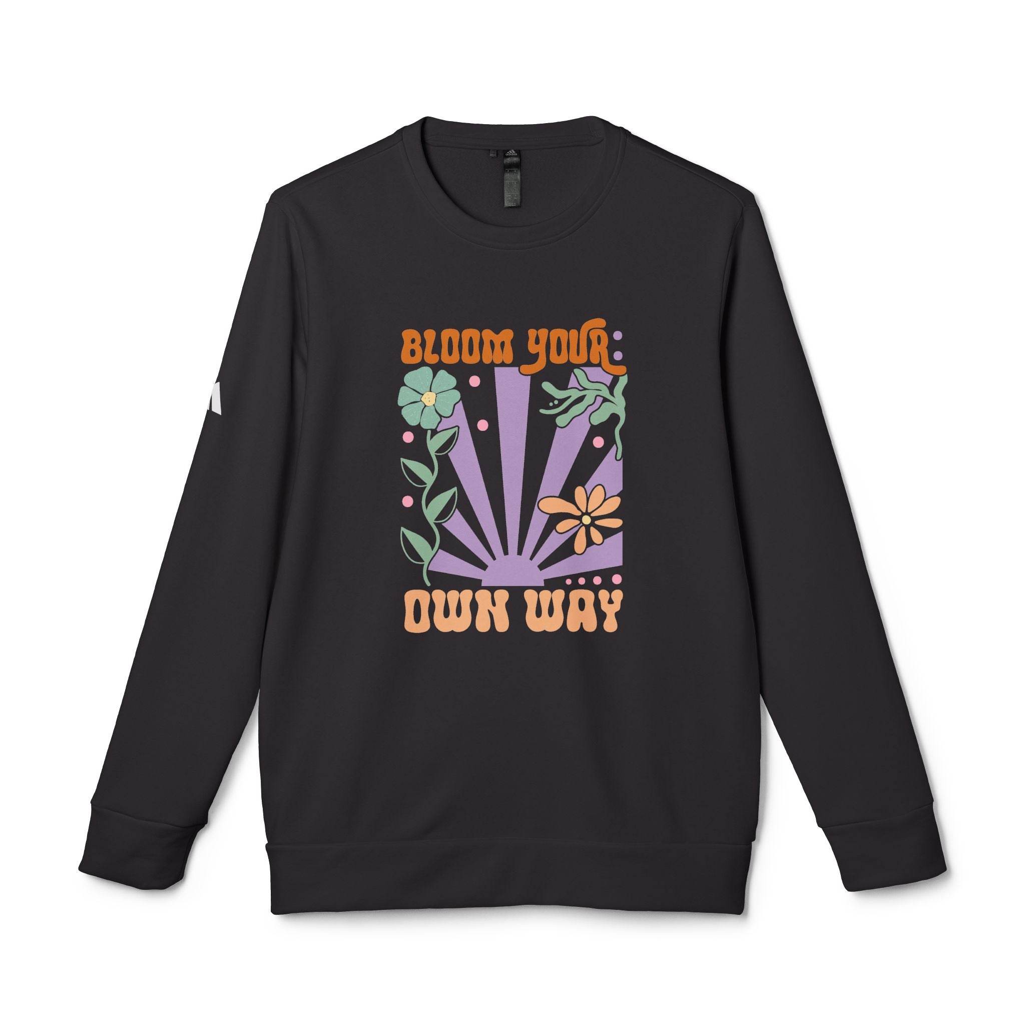 Black Printify sweatshirt featuring colorful floral design and Bloom Your Own Way text eco-friendly sweatshirts for men and women