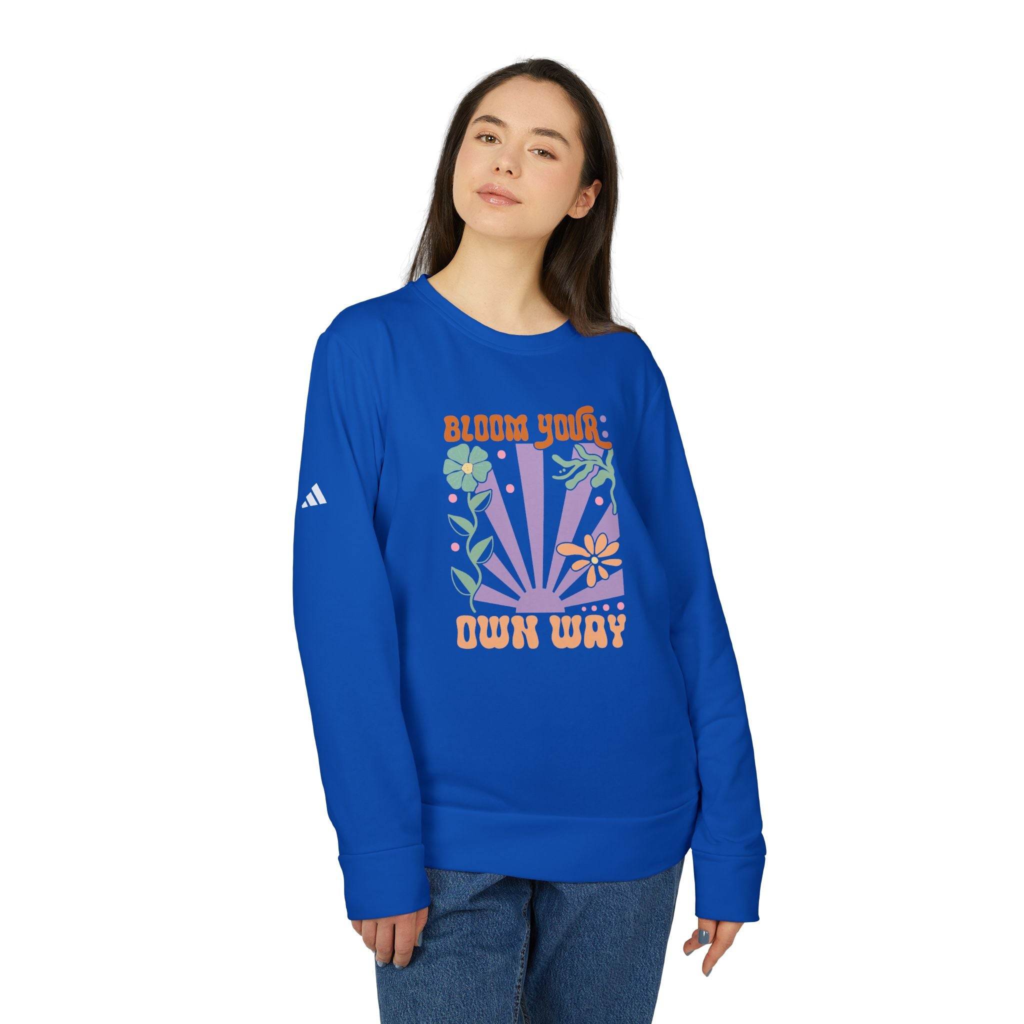 Printify eco-friendly sweatshirts for men and women in blue with floral graphic and motivational text