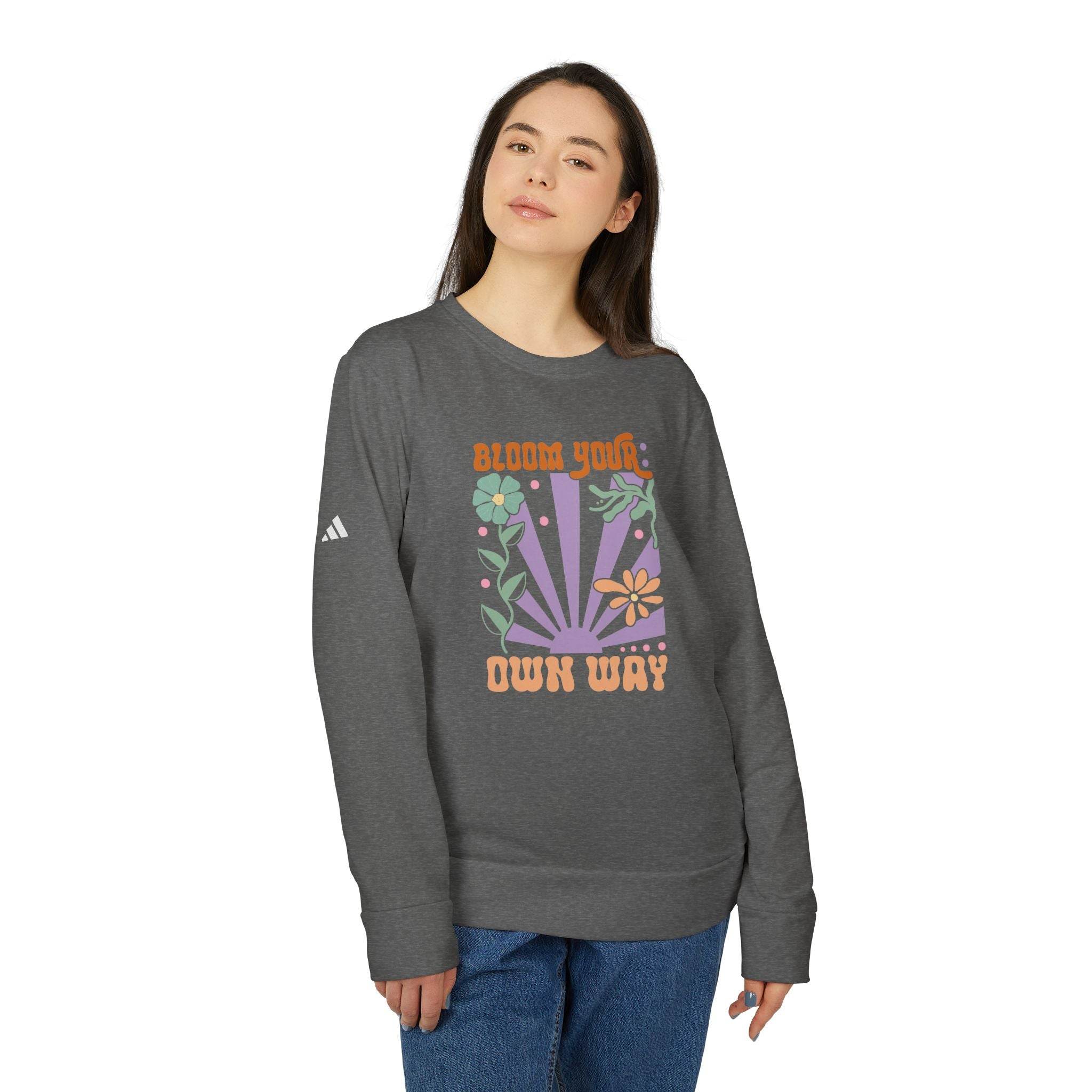 Printify gray sweatshirt featuring Bloom Your Own Way design eco-friendly sweatshirts for men and women
