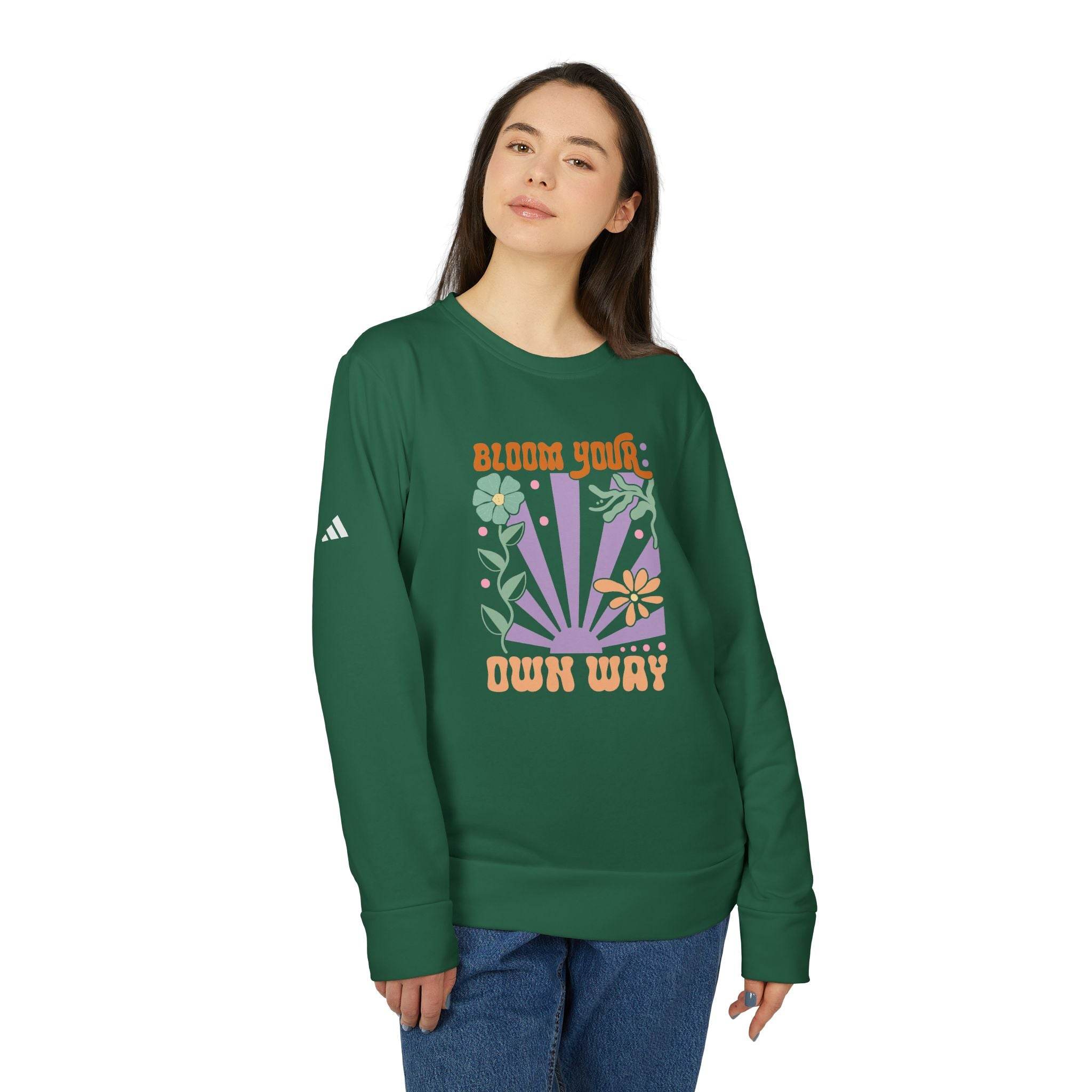 Printify eco-friendly sweatshirts for men and women with green color and floral bloom your own way design