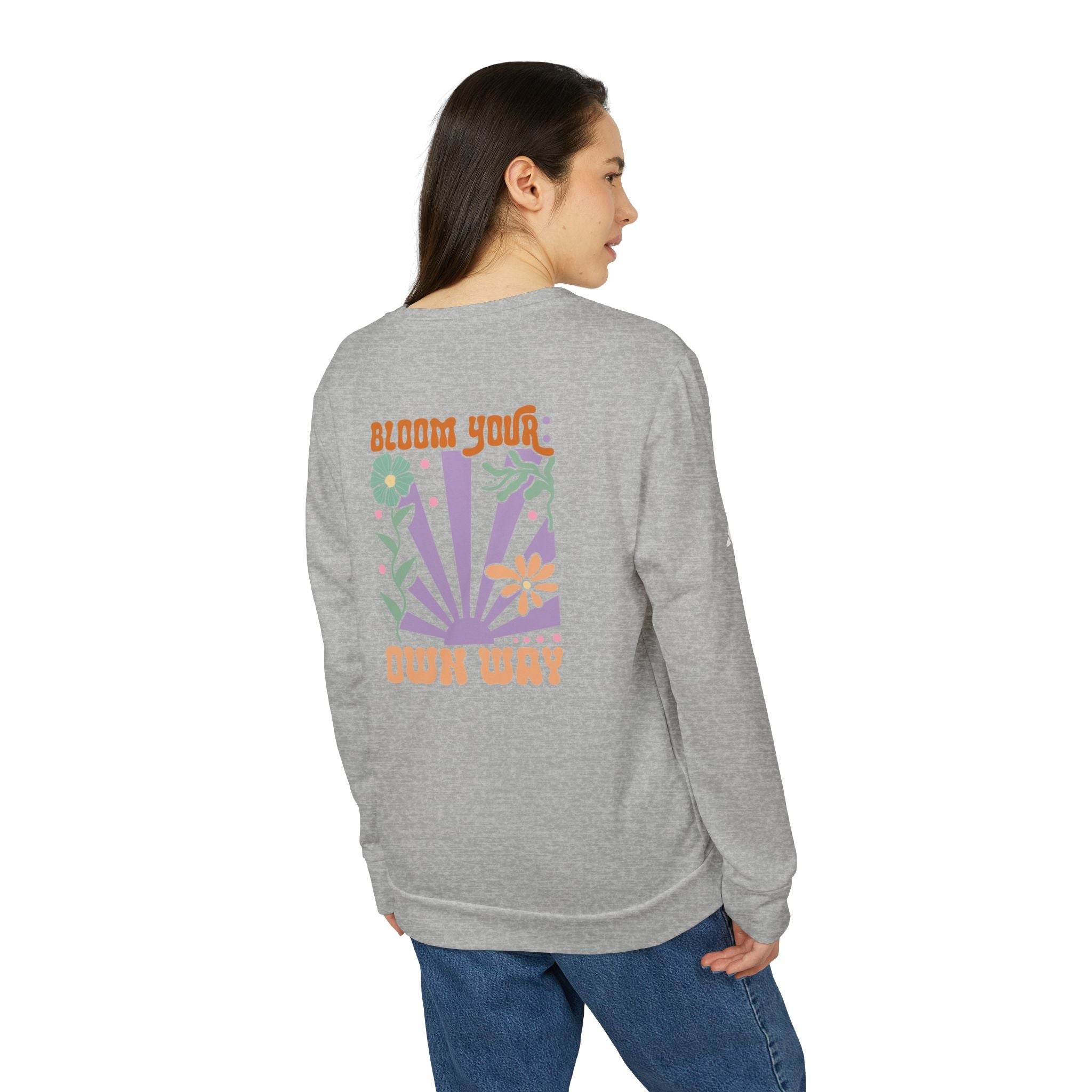 Printify gray eco-friendly sweatshirts for men and women with colorful floral bloom your own way design