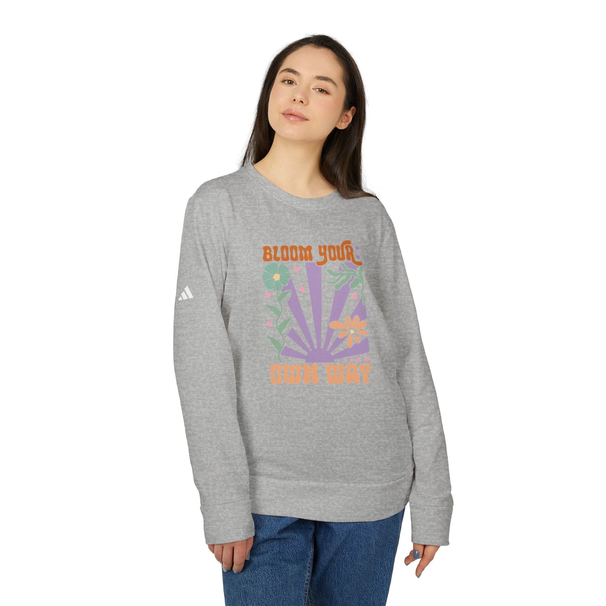 Printify gray eco-friendly sweatshirts for men and women with colorful bloom your own way graphic