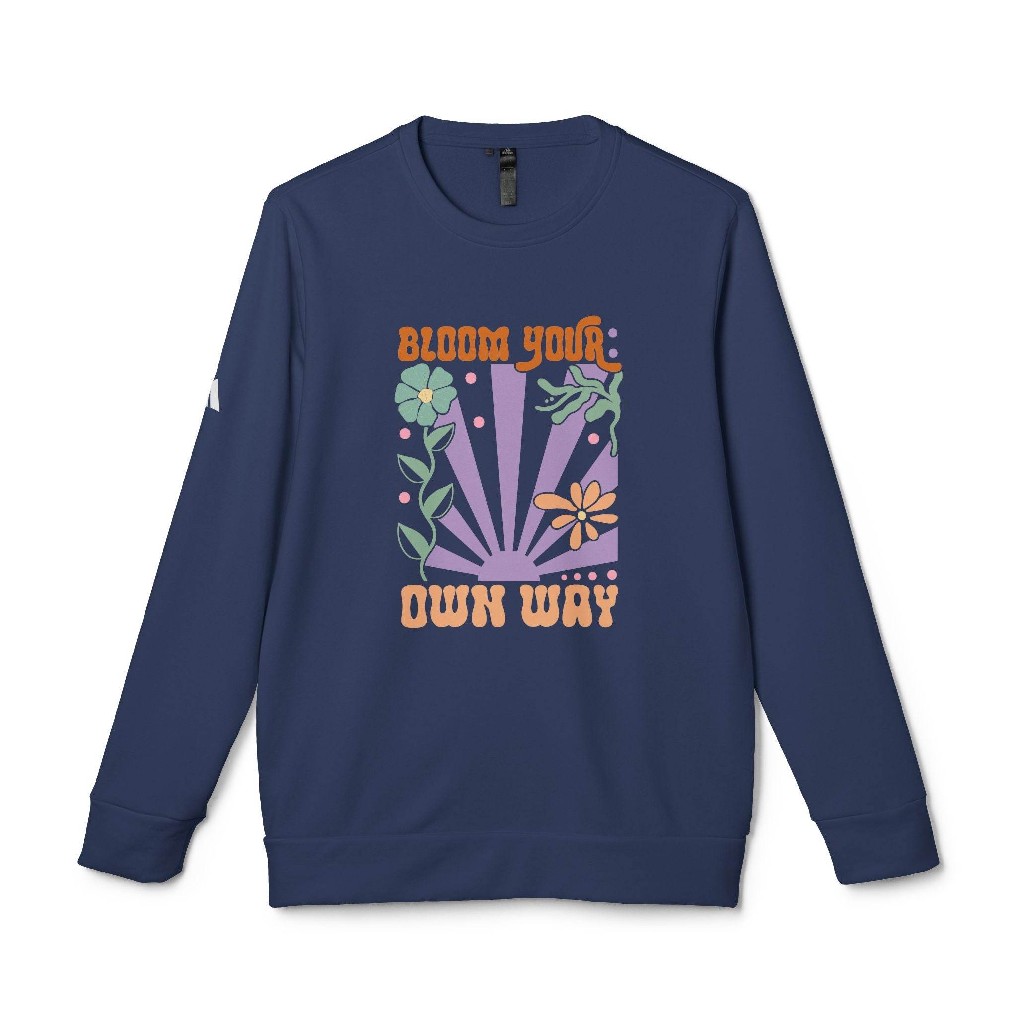 Printify navy sweatshirt with colorful bloom your own way floral design eco-friendly sweatshirts for men and women
