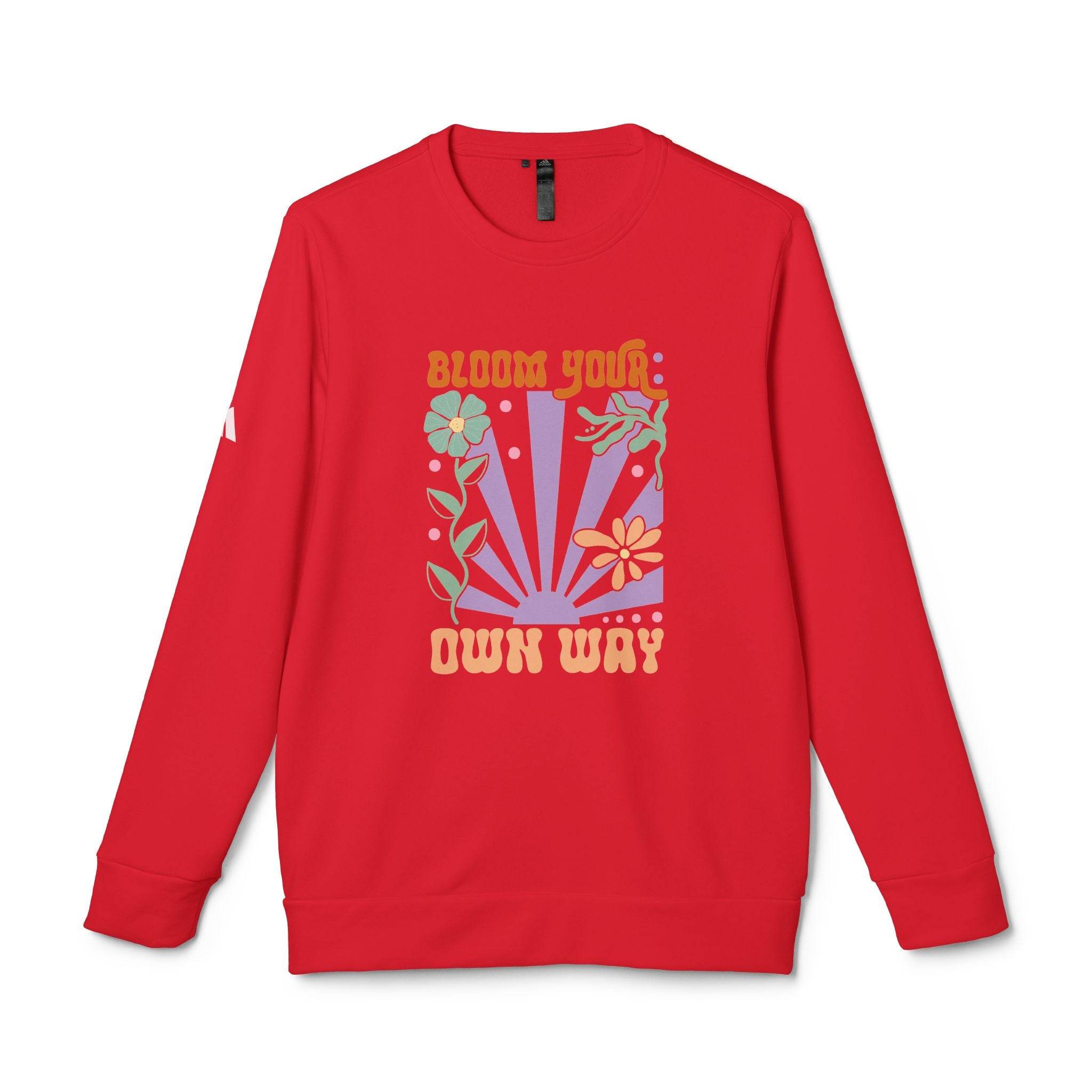 Red eco-friendly sweatshirts for men and women with Bloom Your Own Way floral design by Printify